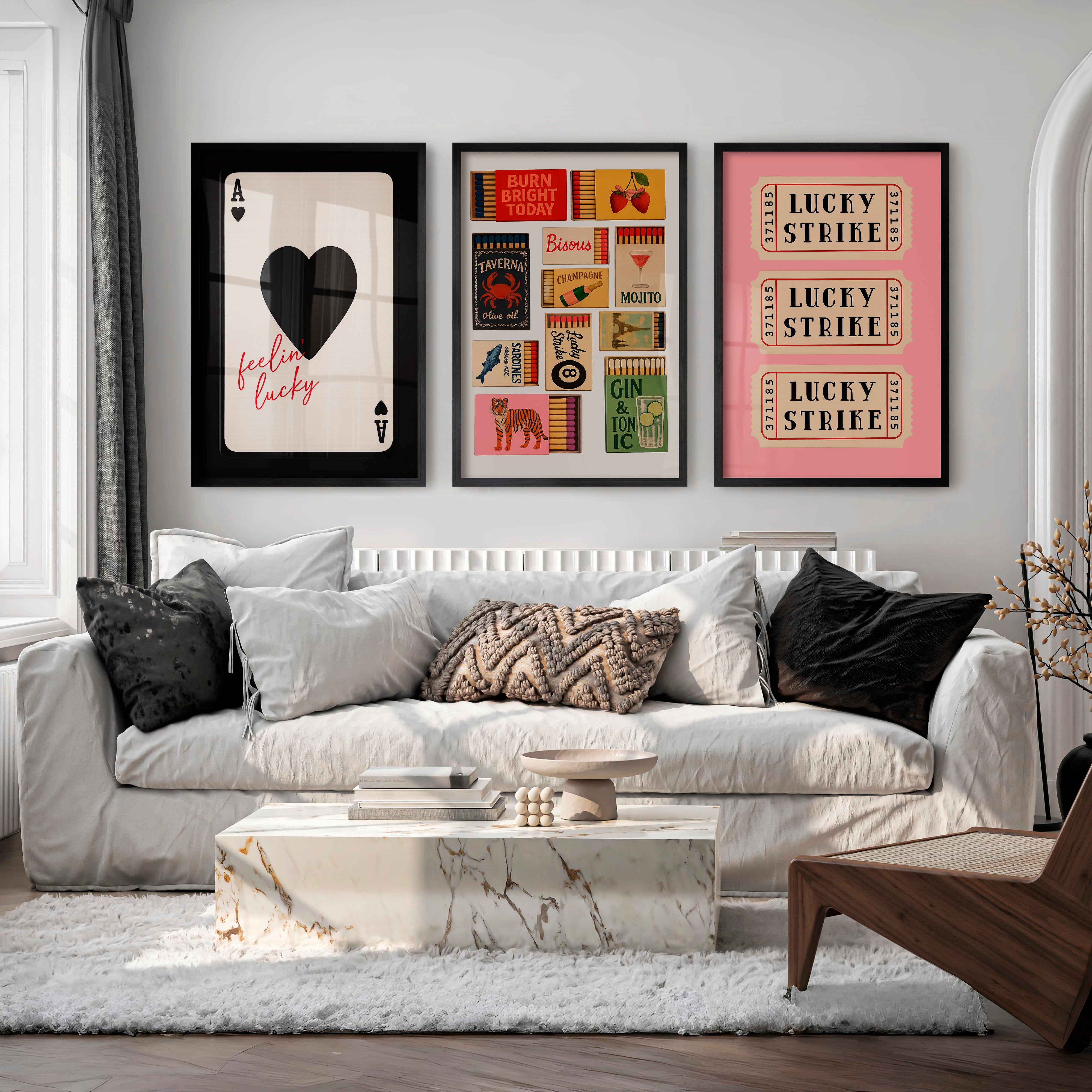Retro Wall Art Ideas with Lucky Strike Tickets and Matchboxes - Black Framed Poster No Border - Artworksets