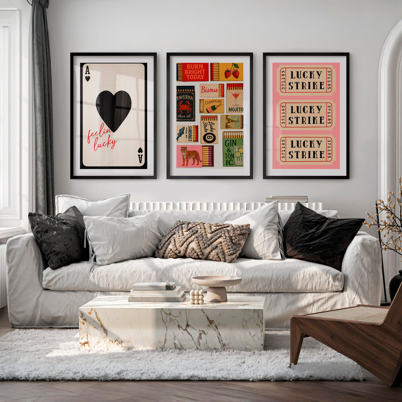 Retro Wall Art Ideas with Lucky Strike Tickets and Matchboxes - Black Framed Poster with White Border - Artworksets