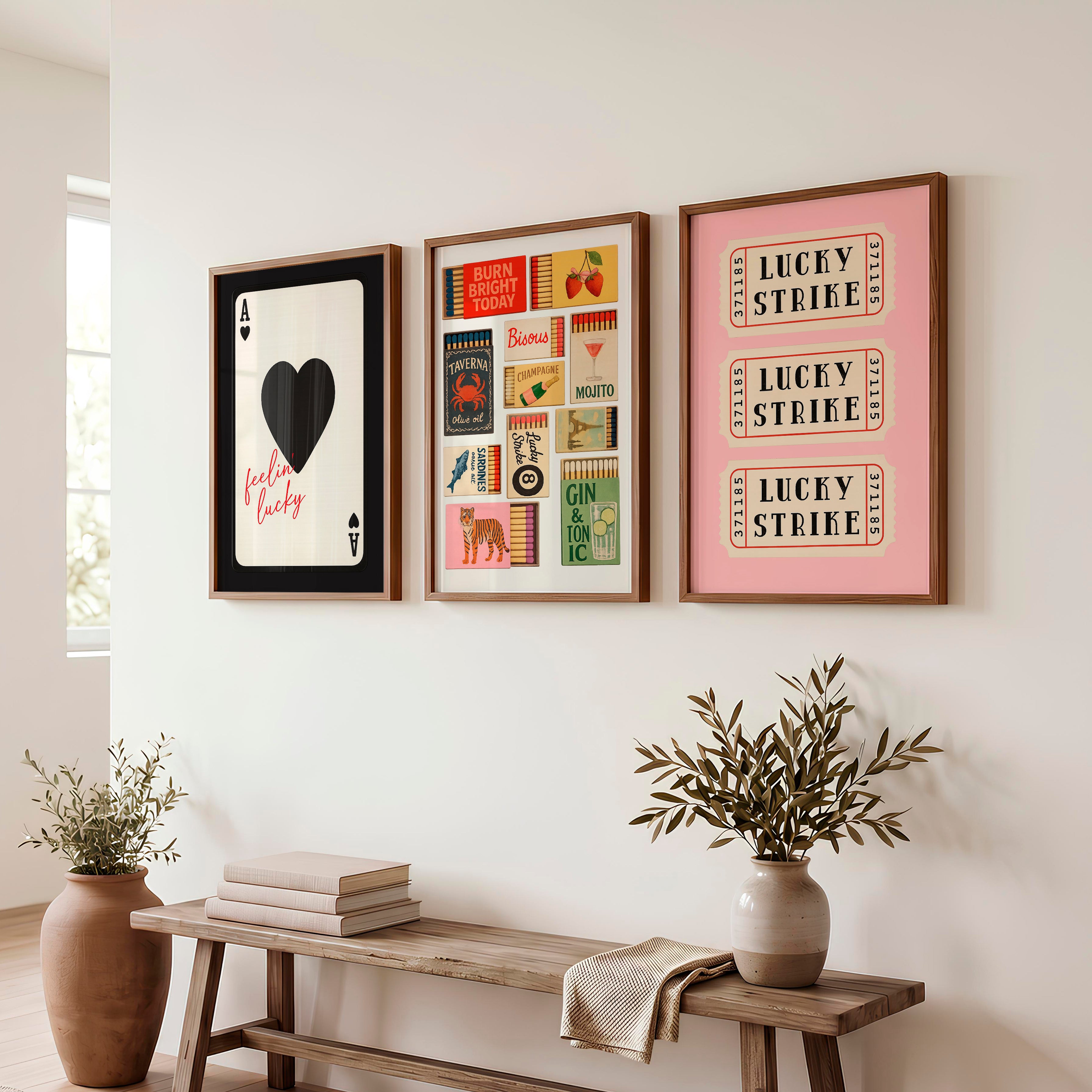 Retro Wall Art Ideas with Lucky Strike Tickets and Matchboxes - Dark Brown Framed Poster No Border - Artworksets