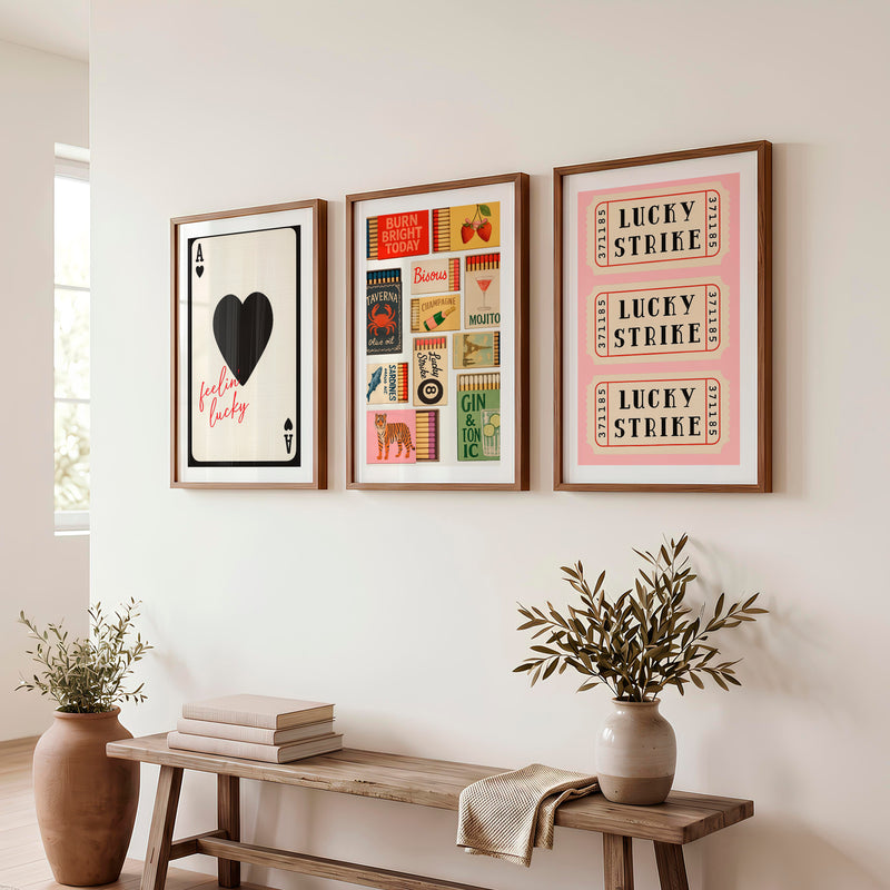 Retro Wall Art Ideas with Lucky Strike Tickets and Matchboxes - Dark Brown Framed Poster with White Border - Artworksets