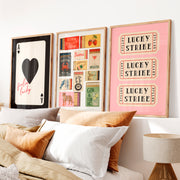 Retro Wall Art Ideas with Lucky Strike Tickets and Matchboxes - Natural Wood Framed Poster No Border - Artworksets