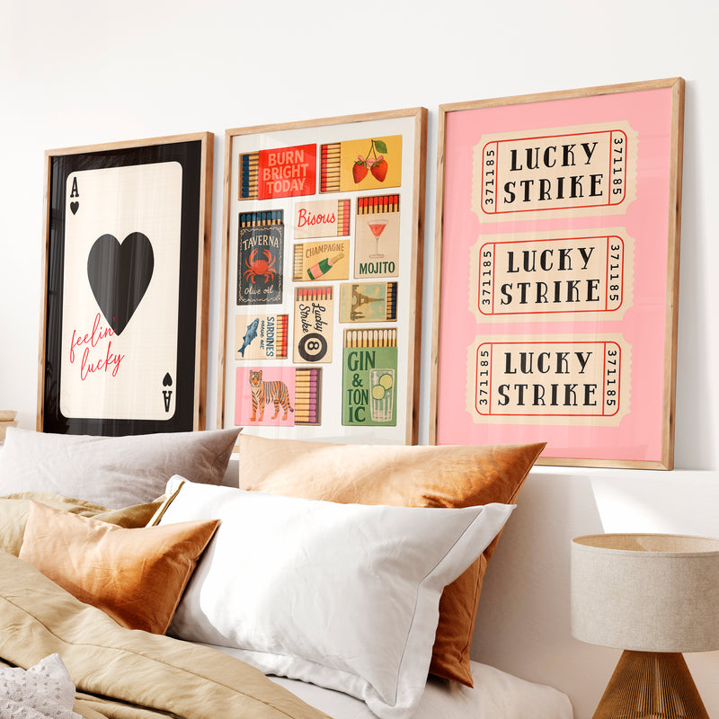 Retro Wall Art Ideas with Lucky Strike Tickets and Matchboxes - Natural Wood Framed Poster No Border - Artworksets
