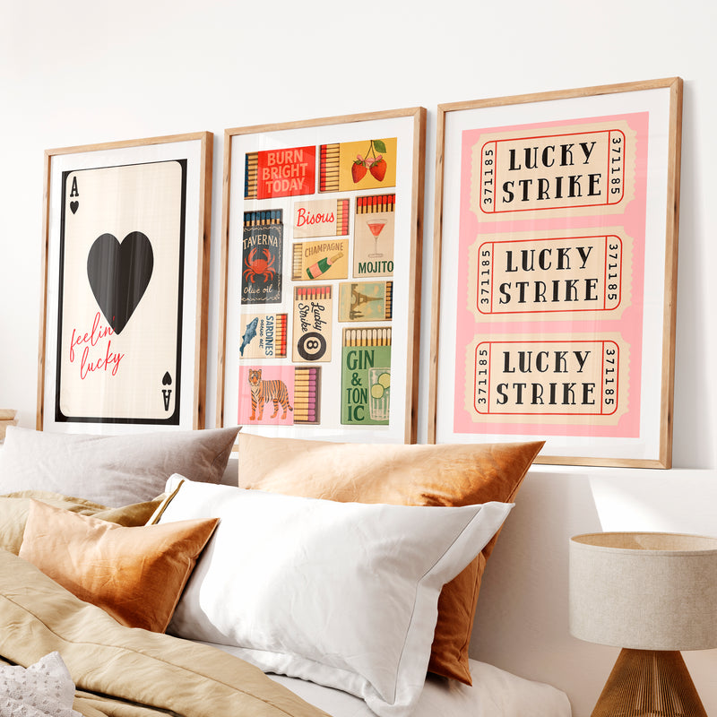 Retro Wall Art Ideas with Lucky Strike Tickets and Matchboxes- Natural Wood Framed Poster with White Border - Artworksets
