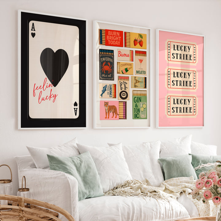 Retro Wall Art Ideas with Lucky Strike Tickets and Matchboxes - White Framed Poster No Border - Artworksets