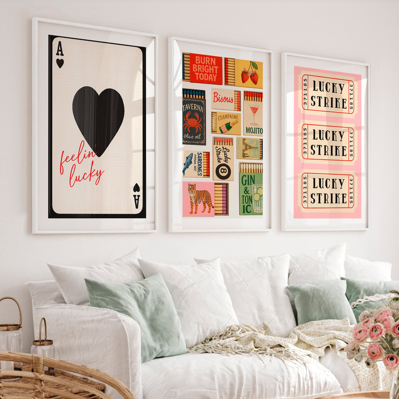Retro Wall Art Ideas with Lucky Strike Tickets and Matchboxes - White Framed Poster with White Border - Artworksets