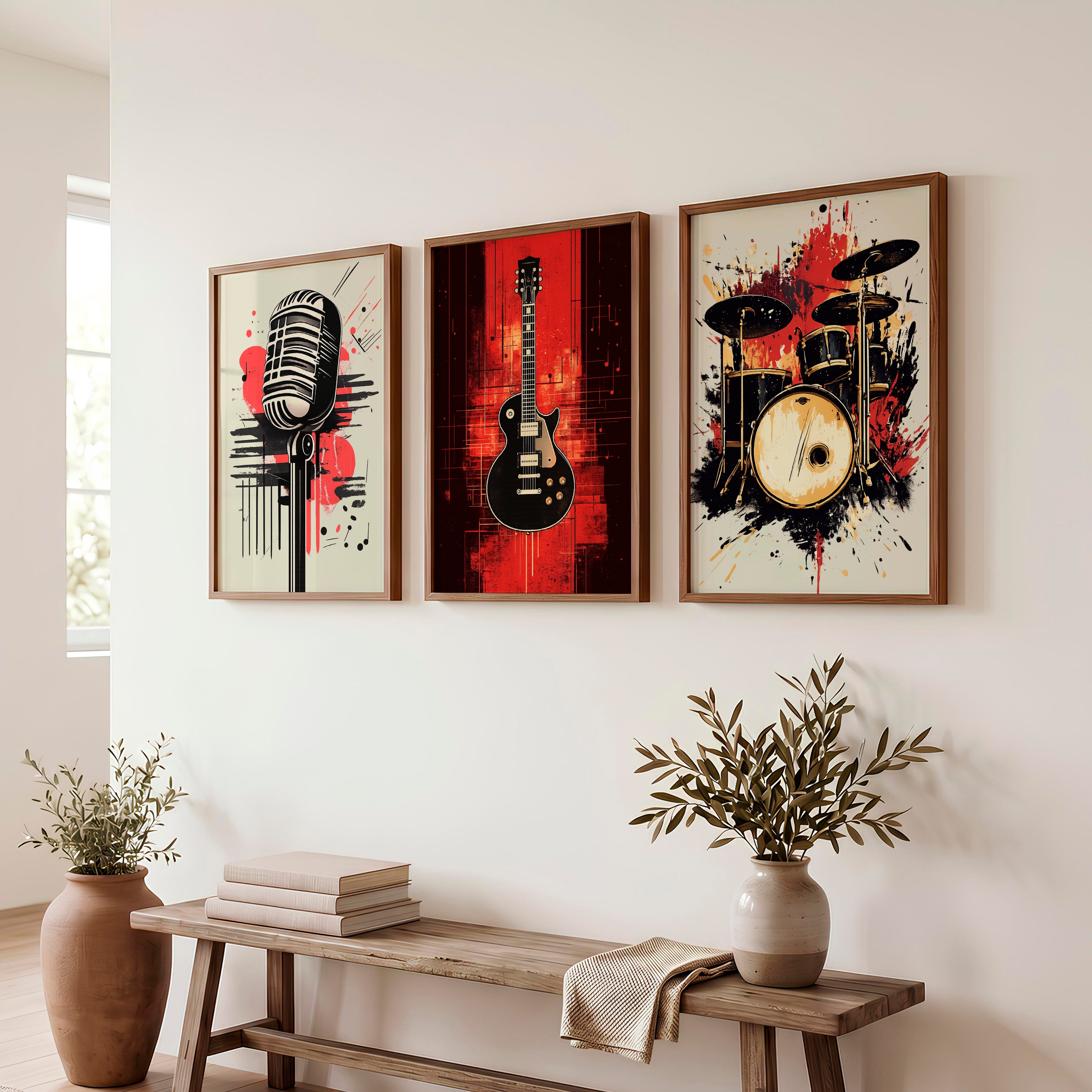 Music Room Retro Wall Art Ideas - Dark Brown Framed Poster No Border - Artworksets