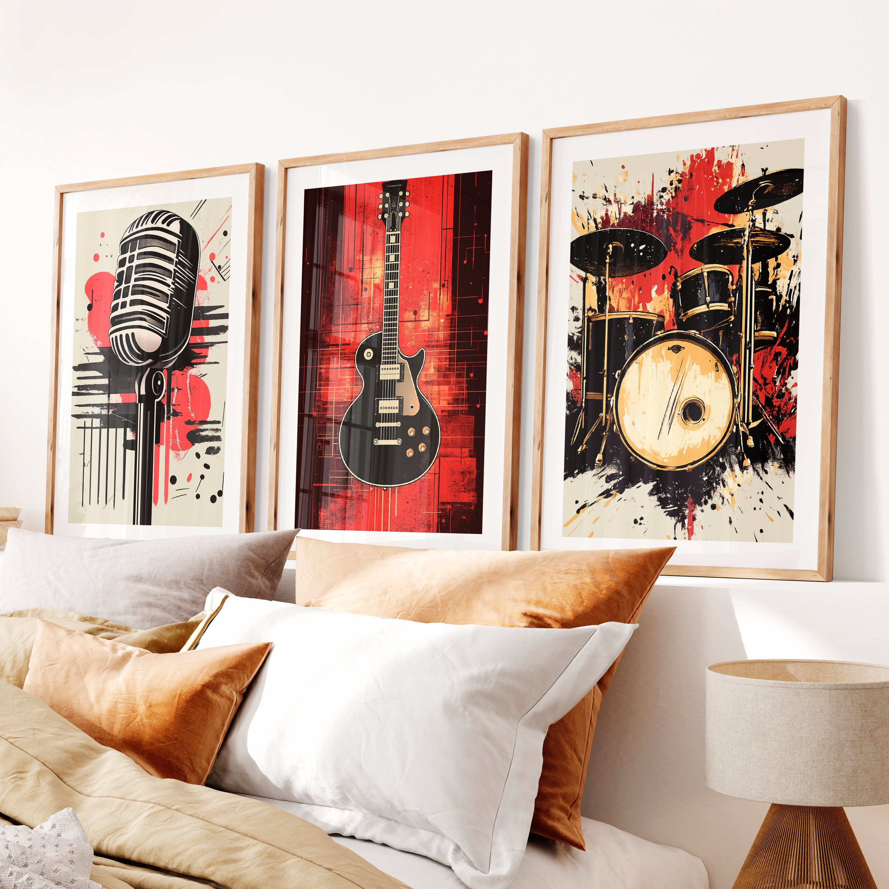 Music Room Retro Wall Art Ideas- Natural Wood Framed Poster with White Border - Artworksets