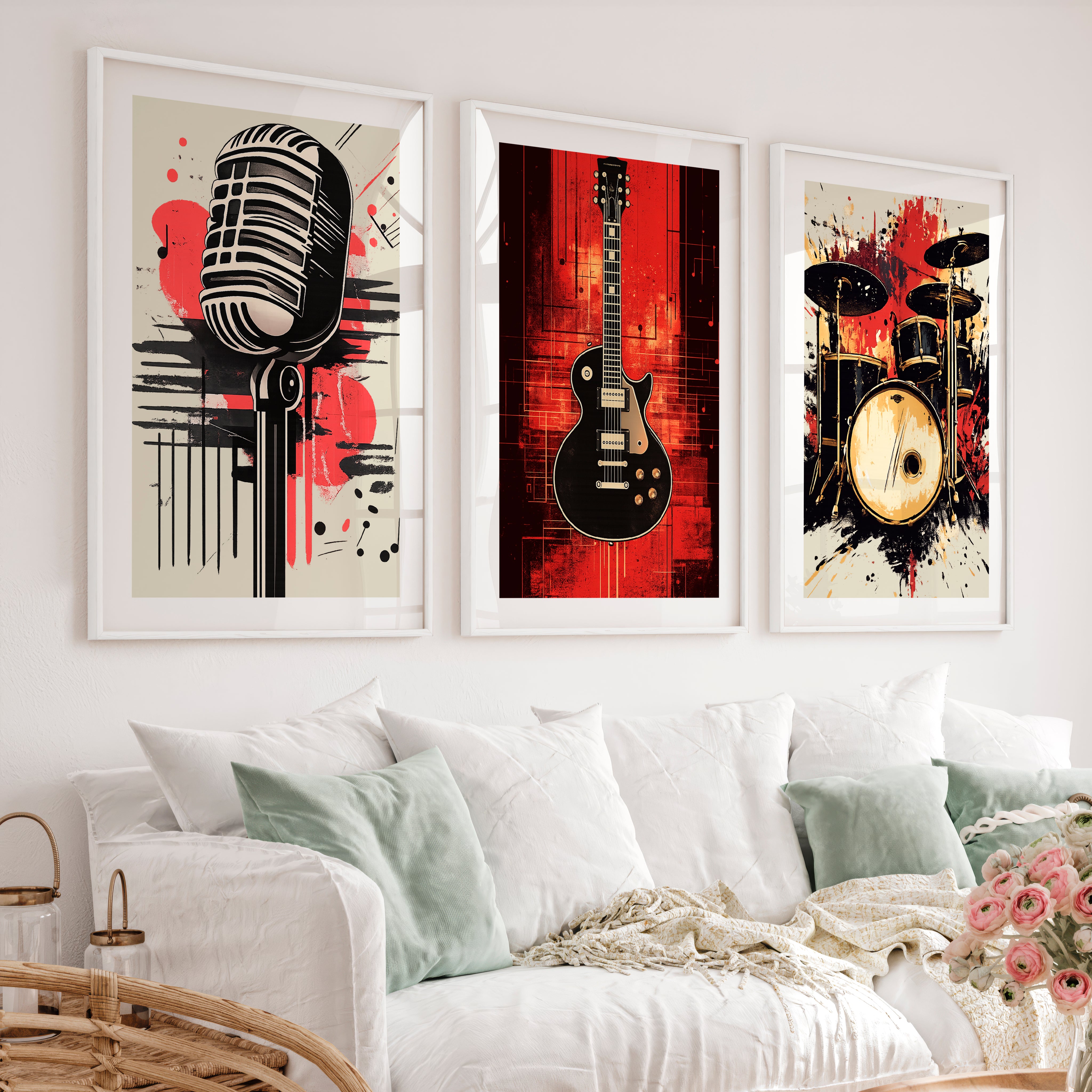 Music Room Retro Wall Art Ideas - White Framed Poster with White Border - Artworksets