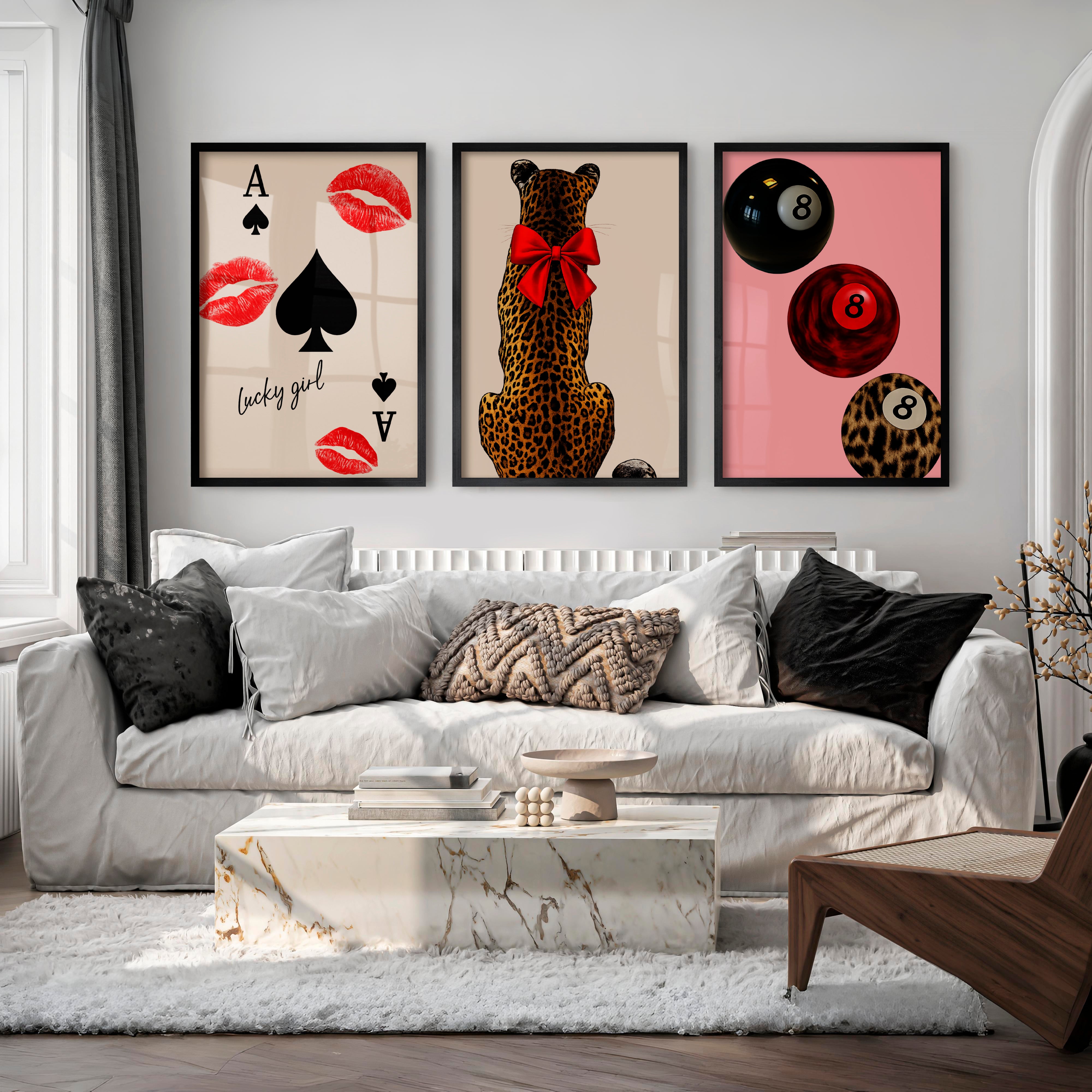 Lucky Girl retro wall art prints with Leopard and Red Bow - Black Framed Poster No Border - Artworksets