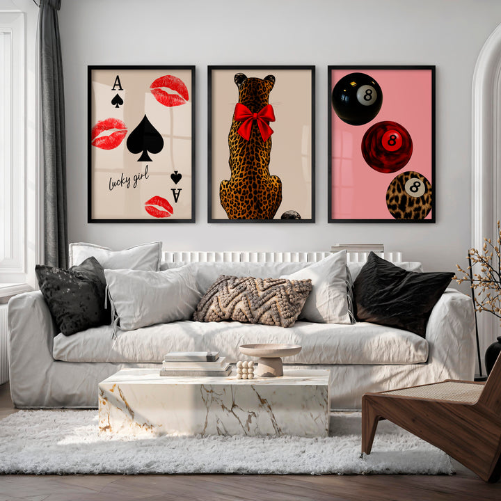 Lucky Girl retro wall art prints with Leopard and Red Bow - Black Framed Poster No Border - Artworksets