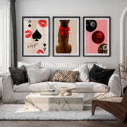 Lucky Girl retro wall art prints with Leopard and Red Bow - Black Framed Poster with White Border - Artworksets