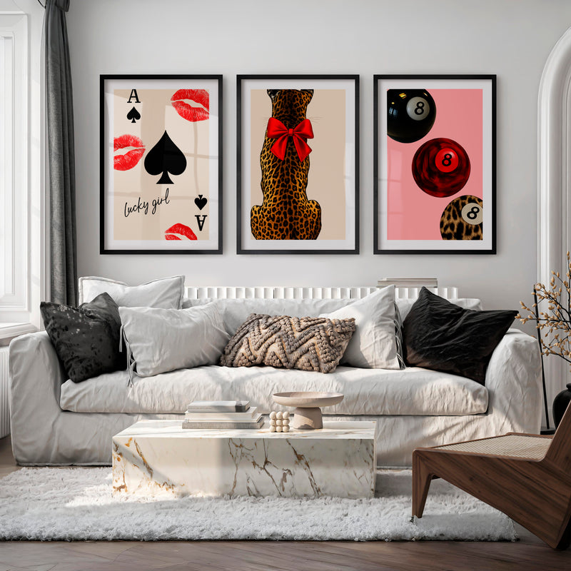 Lucky Girl retro wall art prints with Leopard and Red Bow - Black Framed Poster with White Border - Artworksets