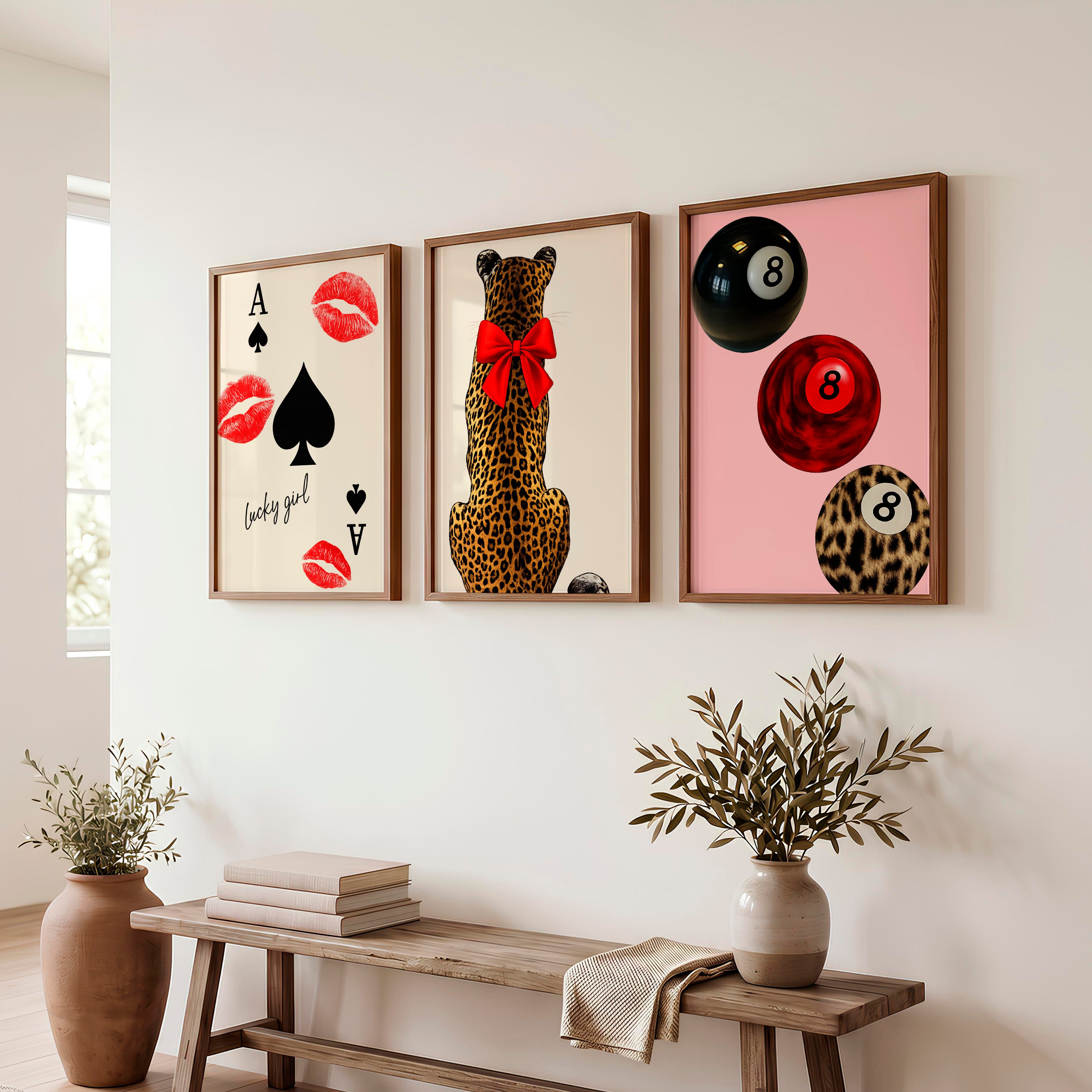 Lucky Girl retro wall art prints with Leopard and Red Bow - Dark Brown Framed Poster No Border - Artworksets