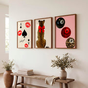 Lucky Girl retro wall art prints with Leopard and Red Bow - Dark Brown Framed Poster No Border - Artworksets