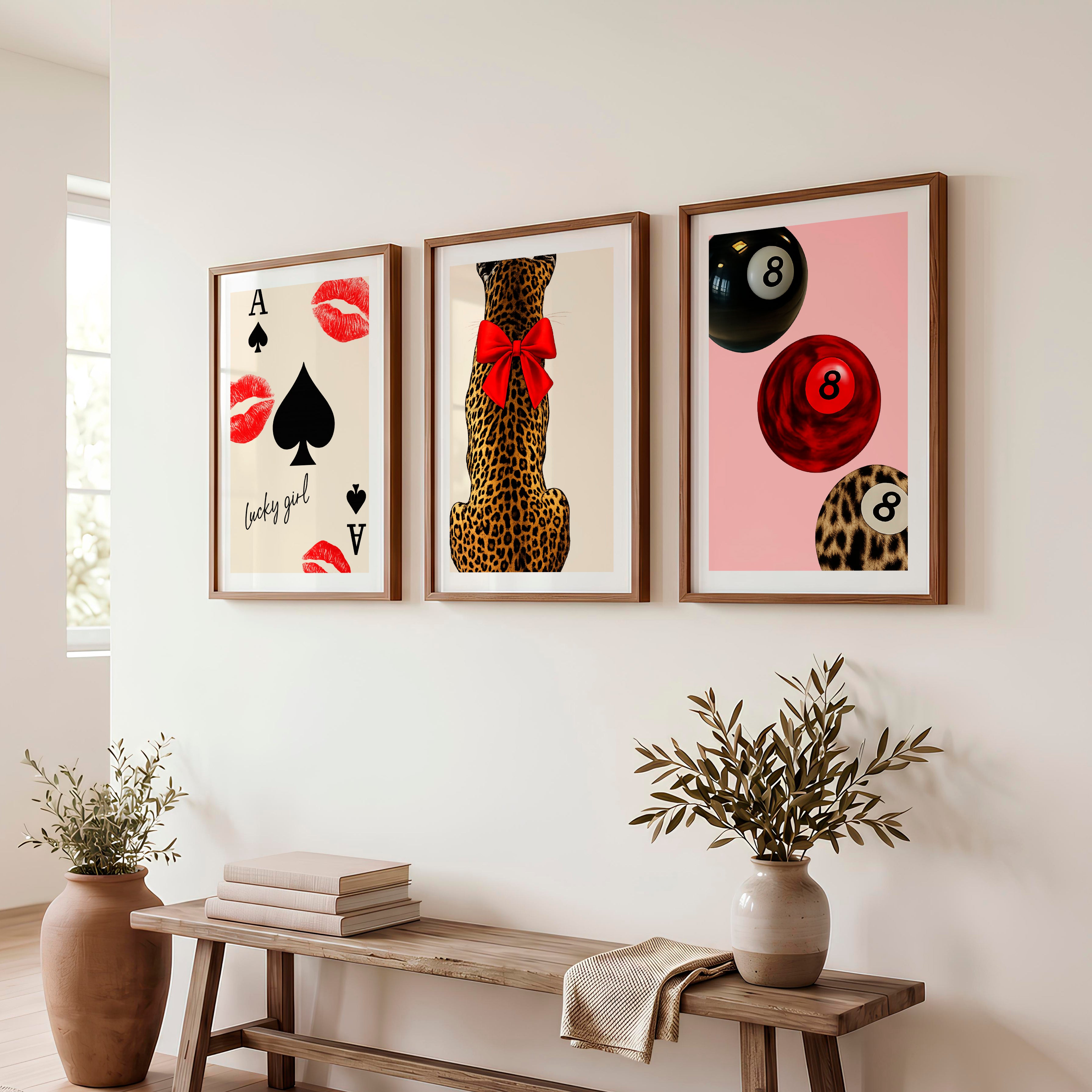 Lucky Girl retro wall art prints with Leopard and Red Bow - Dark Brown Framed Poster with White Border - Artworksets