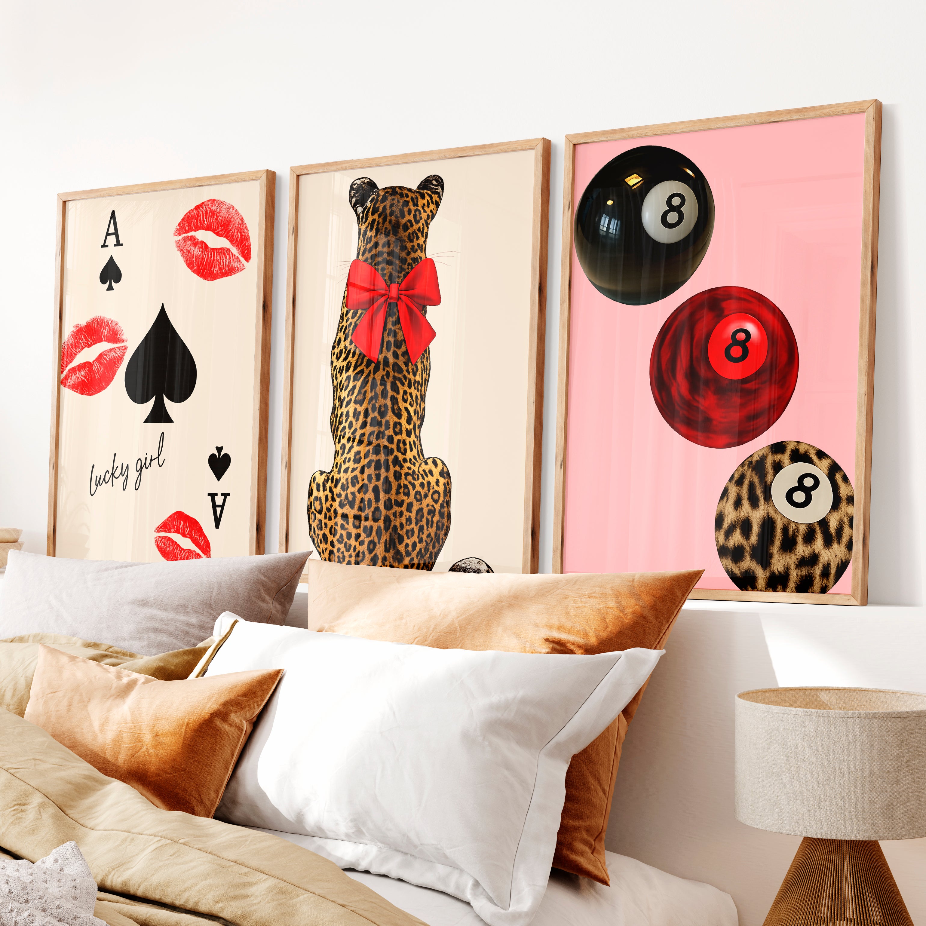 Lucky Girl retro wall art prints with Leopard and Red Bow - Natural Wood Framed Poster No Border - Artworksets