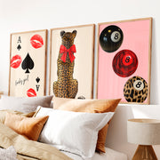 Lucky Girl retro wall art prints with Leopard and Red Bow - Natural Wood Framed Poster No Border - Artworksets