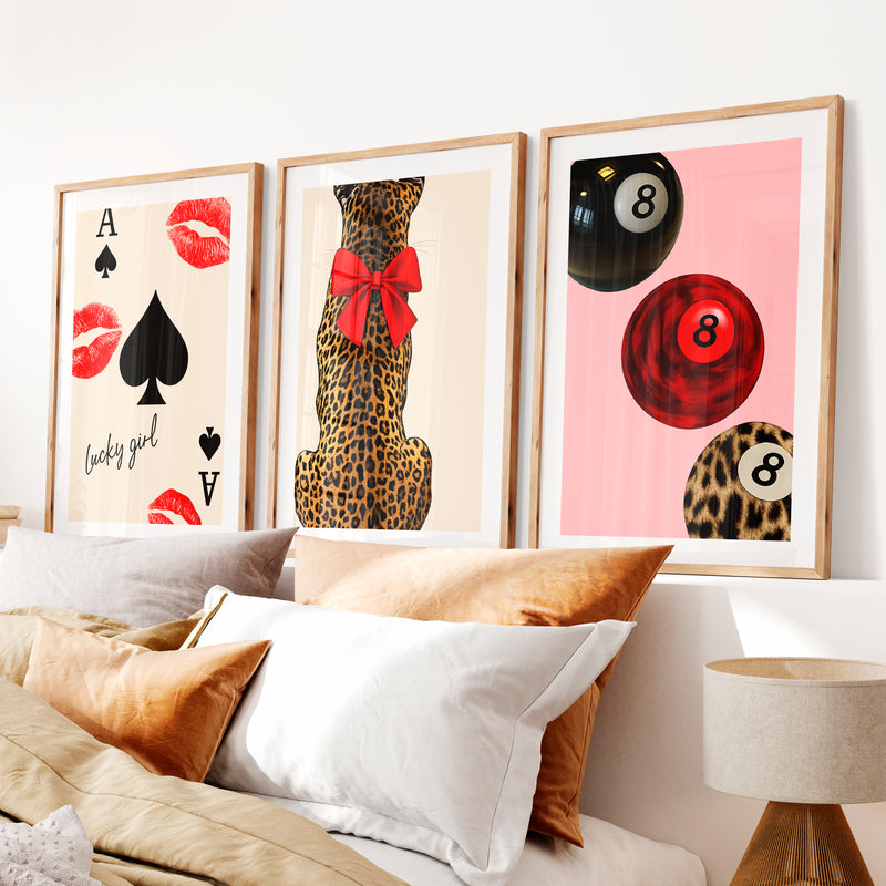 Lucky Girl retro wall art prints with Leopard and Red Bow- Natural Wood Framed Poster with White Border - Artworksets