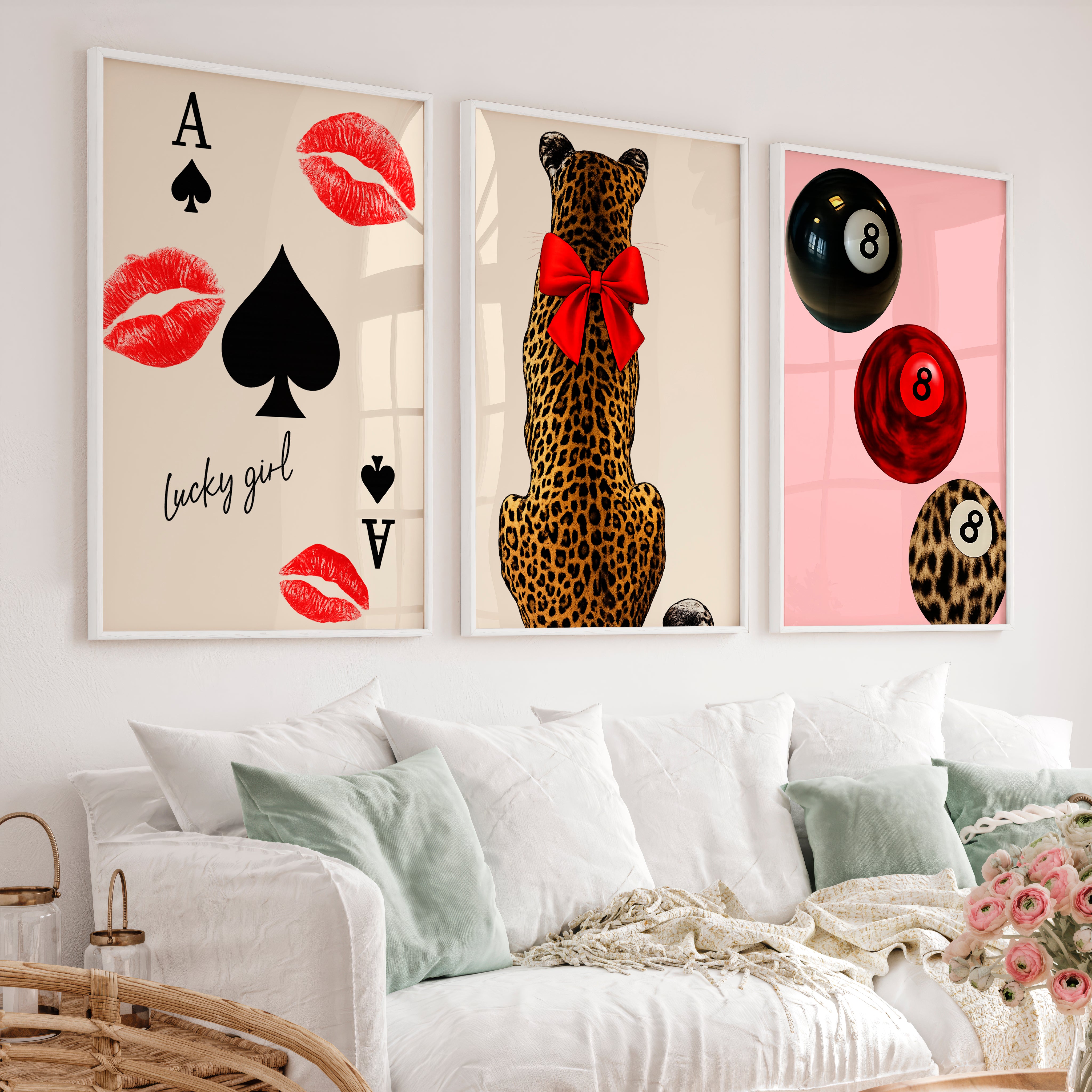 Lucky Girl retro wall art prints with Leopard and Red Bow - White Framed Poster No Border - Artworksets