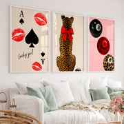 Lucky Girl retro wall art prints with Leopard and Red Bow - White Framed Poster No Border - Artworksets