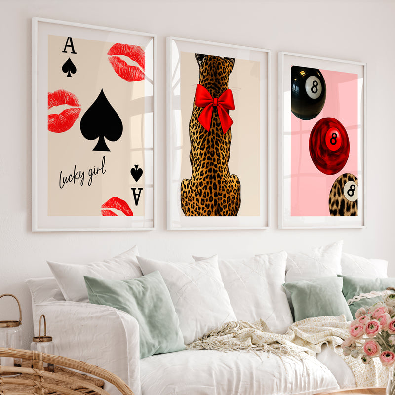 Lucky Girl retro wall art prints with Leopard and Red Bow - White Framed Poster with White Border - Artworksets