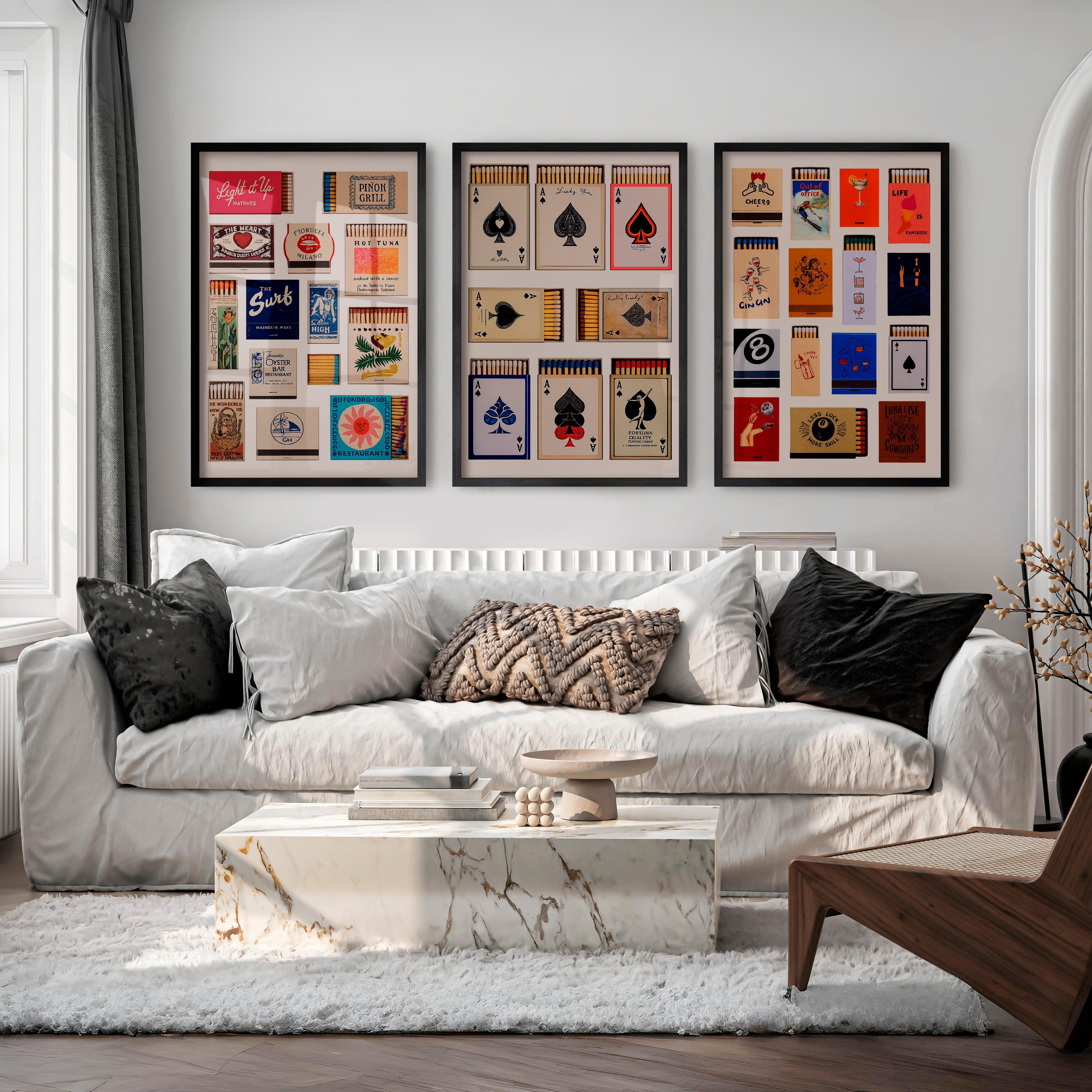 Matchbox and Playing Card Retro Wall Art Prints - Black Framed Poster No Border - Artworksets