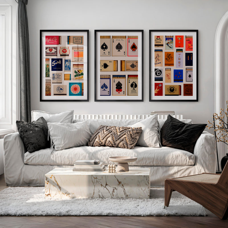 Matchbox and Playing Card Retro Wall Art Prints - Black Framed Poster with White Border - Artworksets