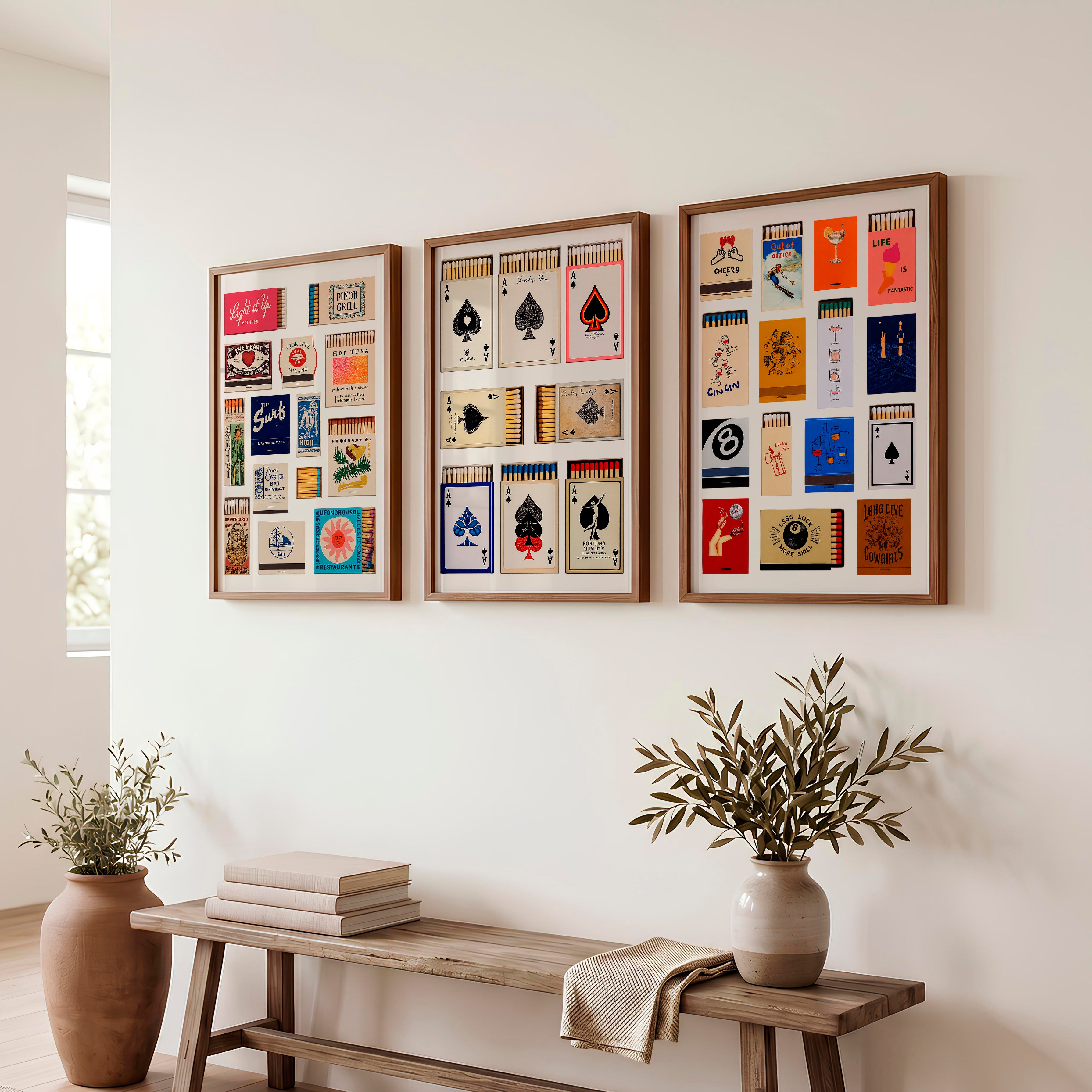 Matchbox and Playing Card Retro Wall Art Prints - Dark Brown Framed Poster No Border - Artworksets