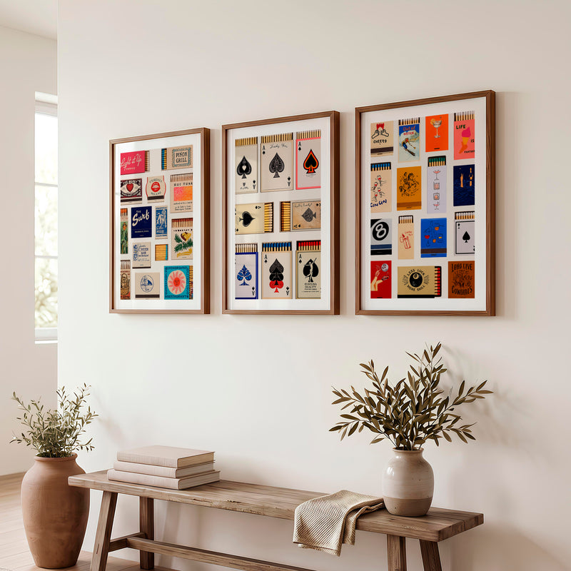 Matchbox and Playing Card Retro Wall Art Prints - Dark Brown Framed Poster with White Border - Artworksets