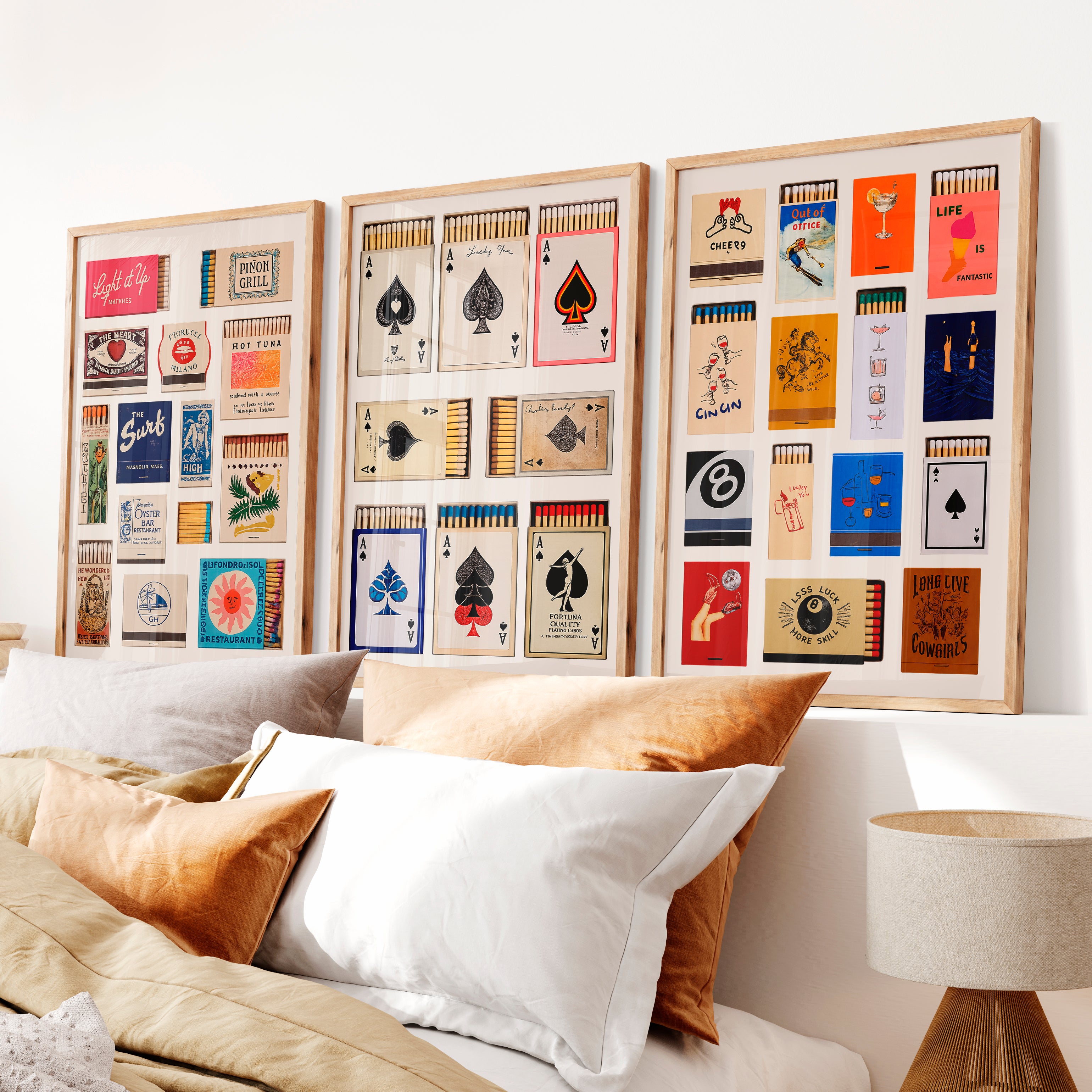 Matchbox and Playing Card Retro Wall Art Prints - Natural Wood Framed Poster No Border - Artworksets