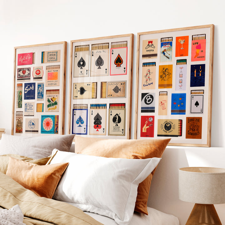 Matchbox and Playing Card Retro Wall Art Prints - Natural Wood Framed Poster No Border - Artworksets