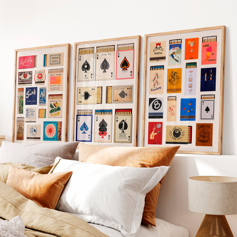 Matchbox and Playing Card Retro Wall Art Prints - Natural Wood Framed Poster No Border - Artworksets