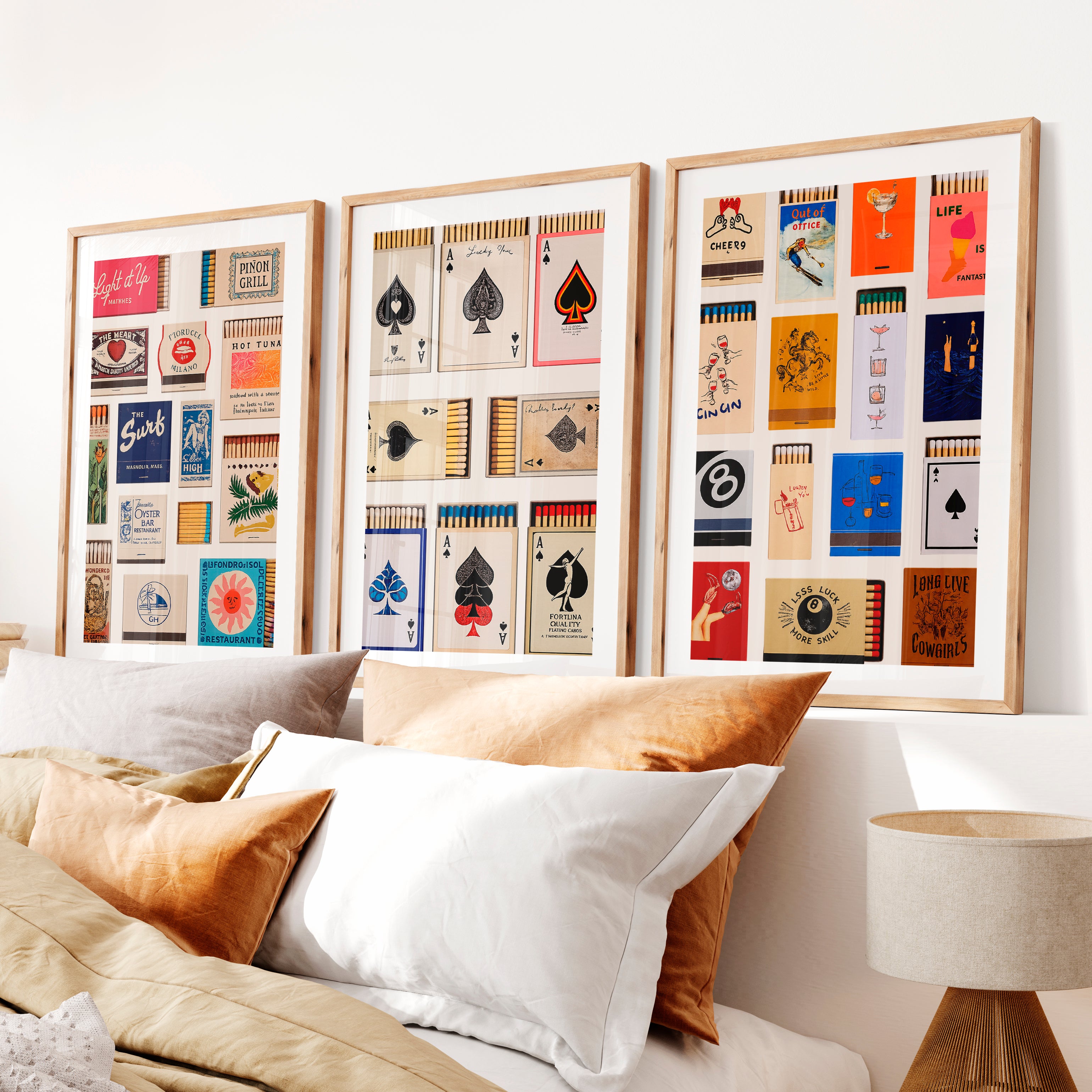 Matchbox and Playing Card Retro Wall Art Prints- Natural Wood Framed Poster with White Border - Artworksets