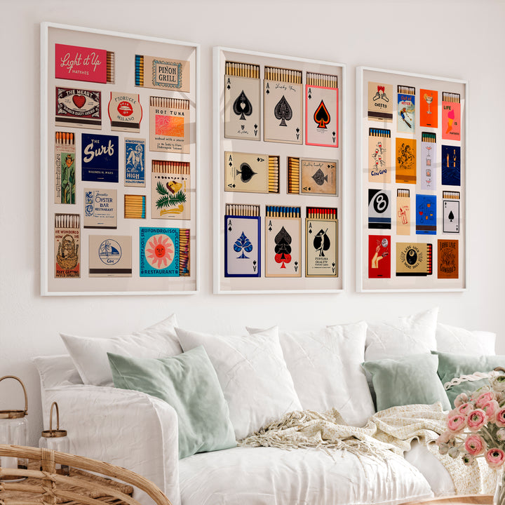 Matchbox and Playing Card Retro Wall Art Prints - White Framed Poster No Border - Artworksets