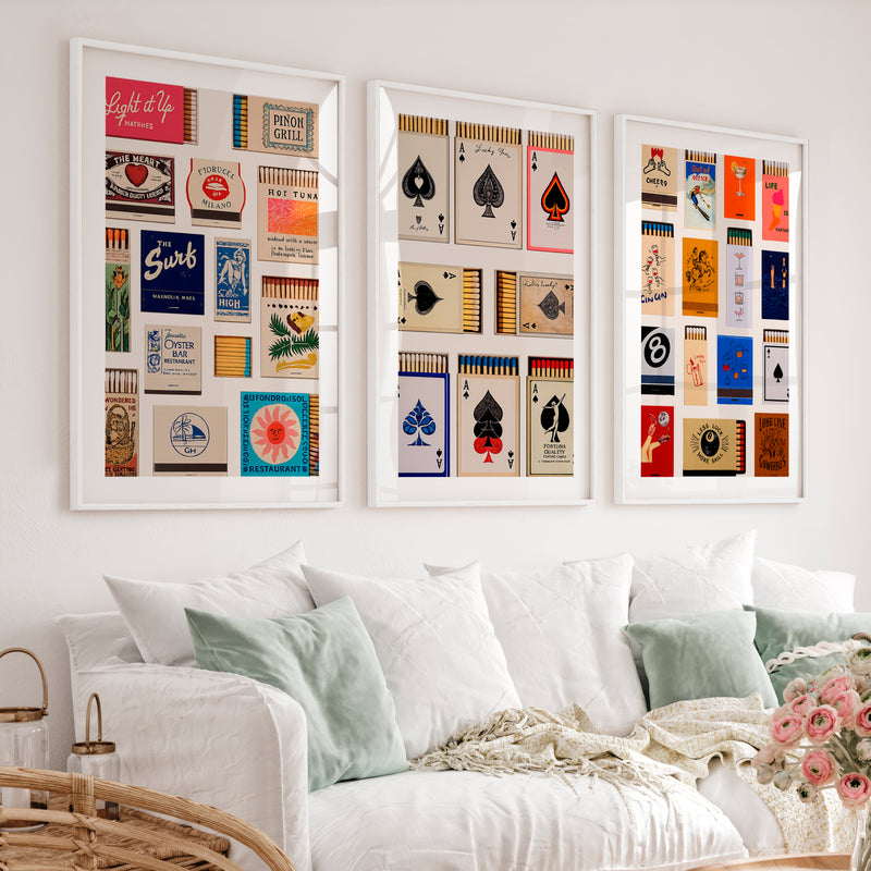 Matchbox and Playing Card Retro Wall Art Prints - White Framed Poster with White Border - Artworksets
