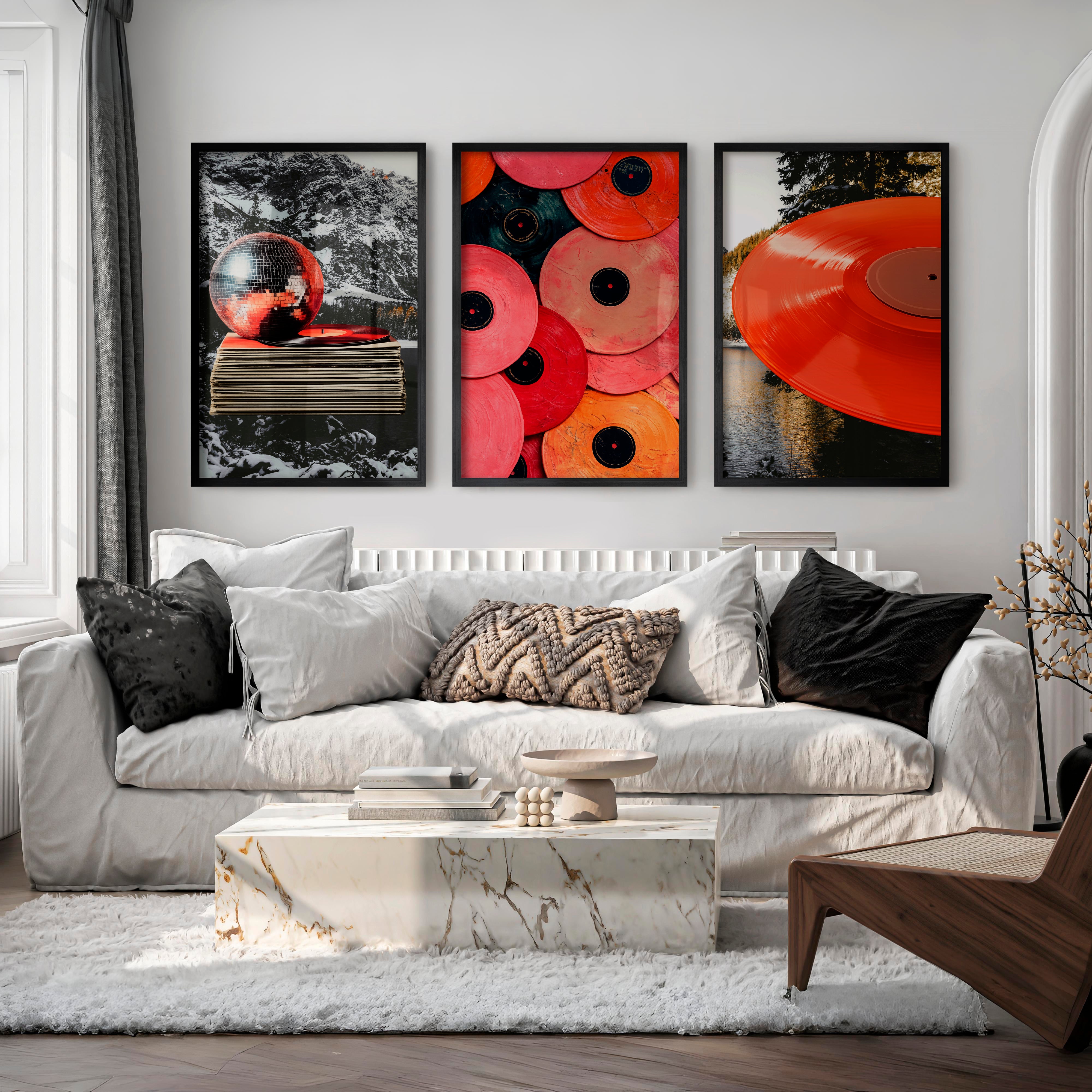 Retro Wall Art Prints with Vinyl Records and Disco Ball - Black Framed Poster No Border - Artworksets