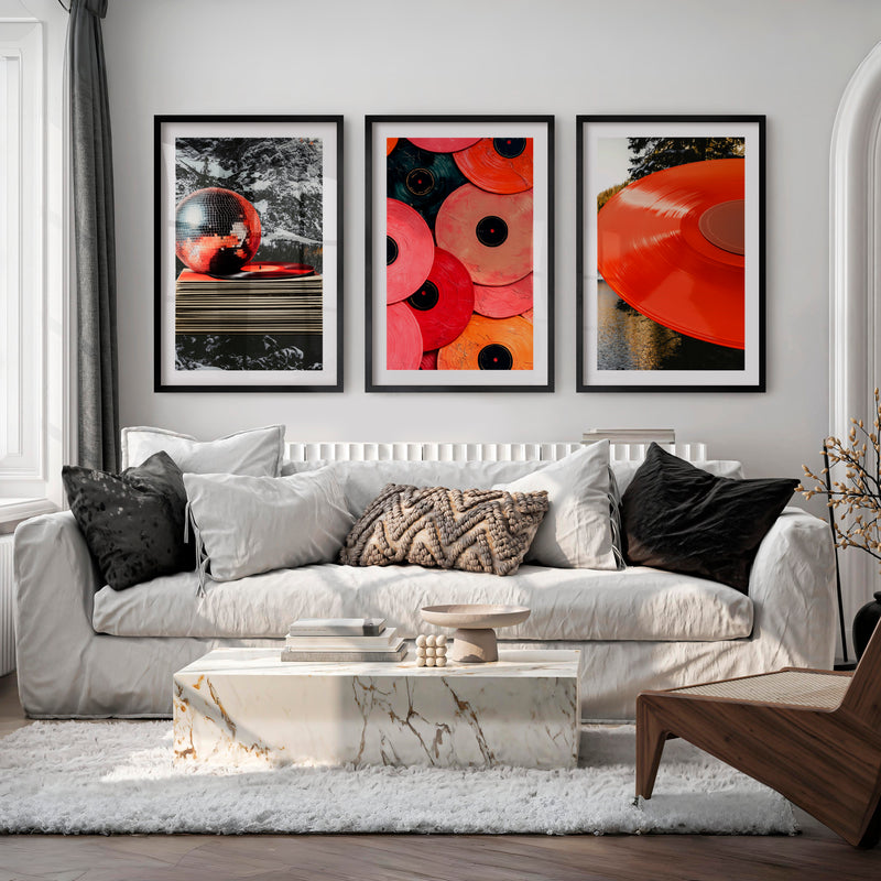 Retro Wall Art Prints with Vinyl Records and Disco Ball - Black Framed Poster with White Border - Artworksets
