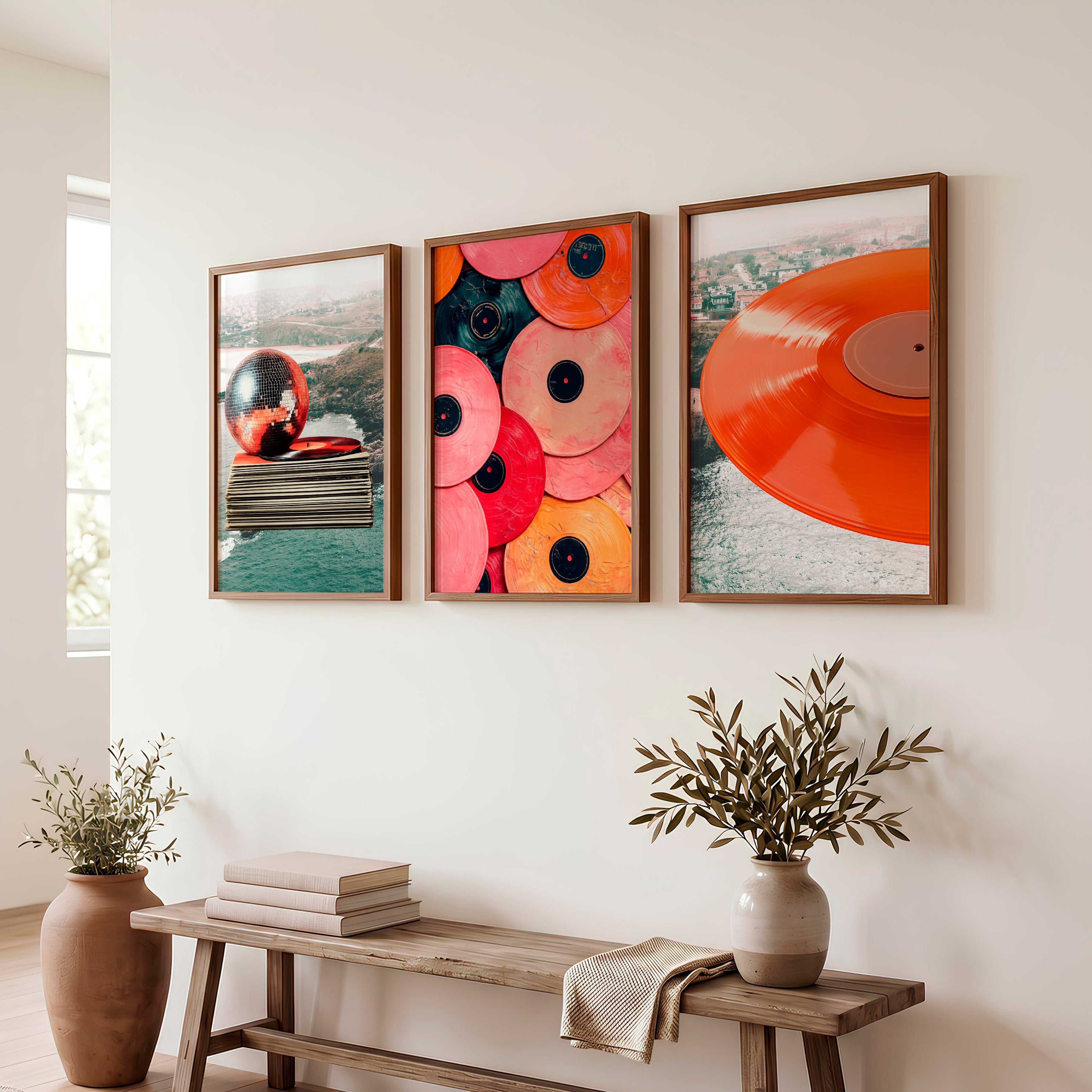 Retro Wall Art Prints with Vinyl Records and Disco Ball - Dark Brown Framed Poster No Border - Artworksets