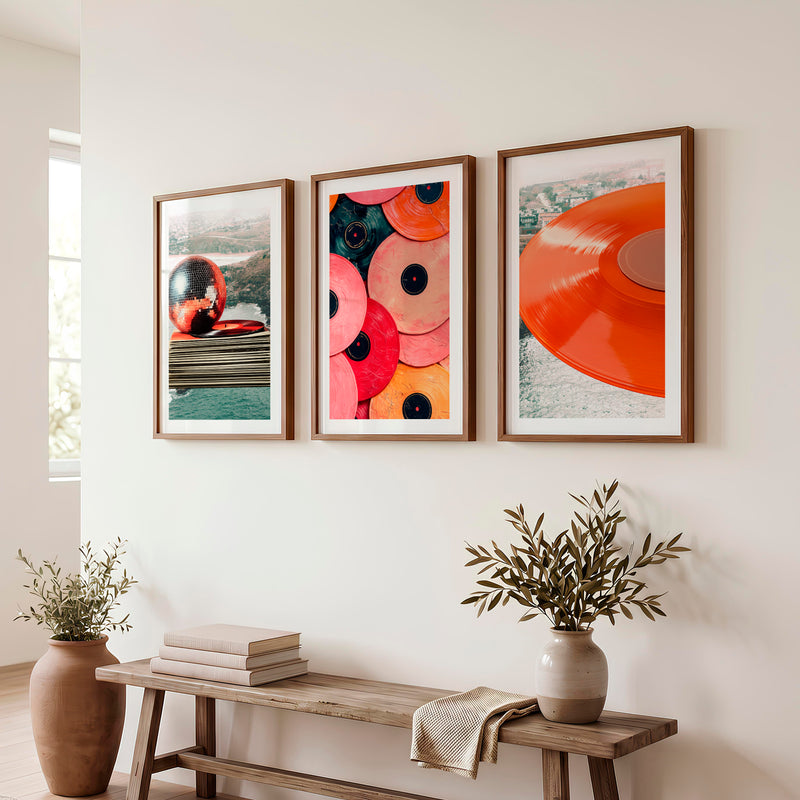 Retro Wall Art Prints with Vinyl Records and Disco Ball - Dark Brown Framed Poster with White Border - Artworksets