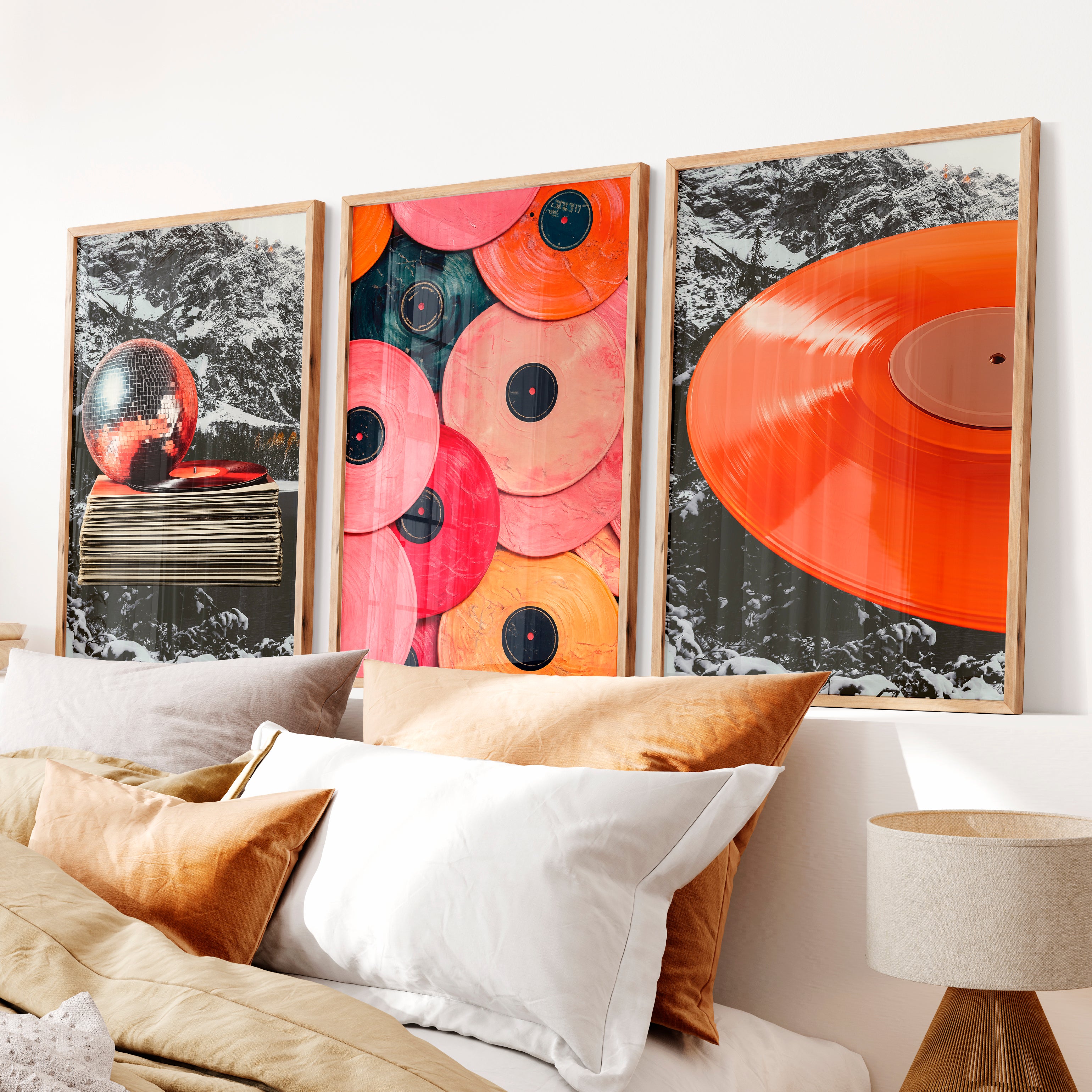 Retro Wall Art Prints with Vinyl Records and Disco Ball - Natural Wood Framed Poster No Border - Artworksets
