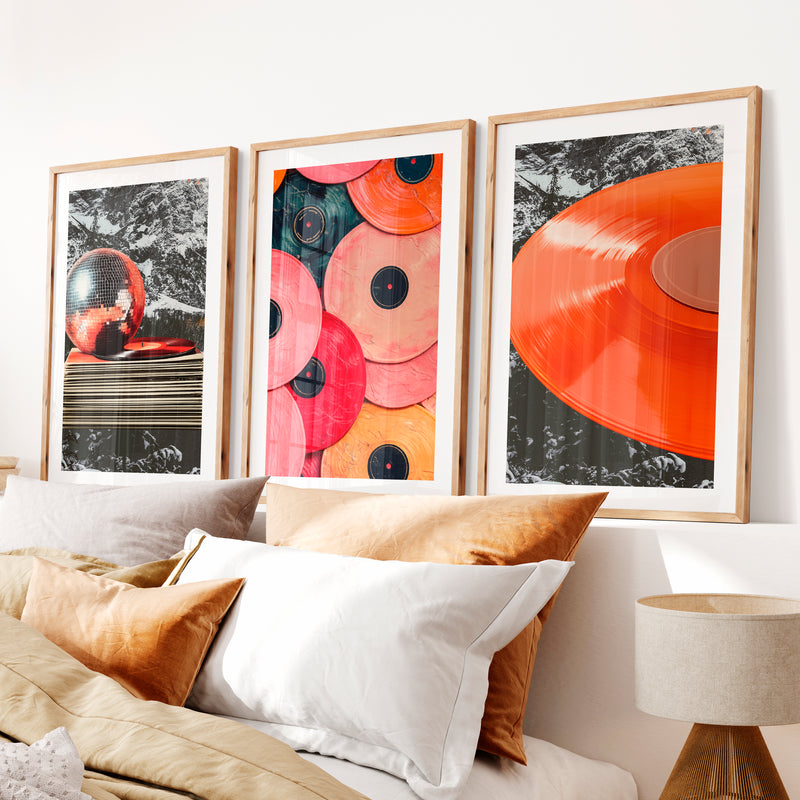 Retro Wall Art Prints with Vinyl Records and Disco Ball- Natural Wood Framed Poster with White Border - Artworksets