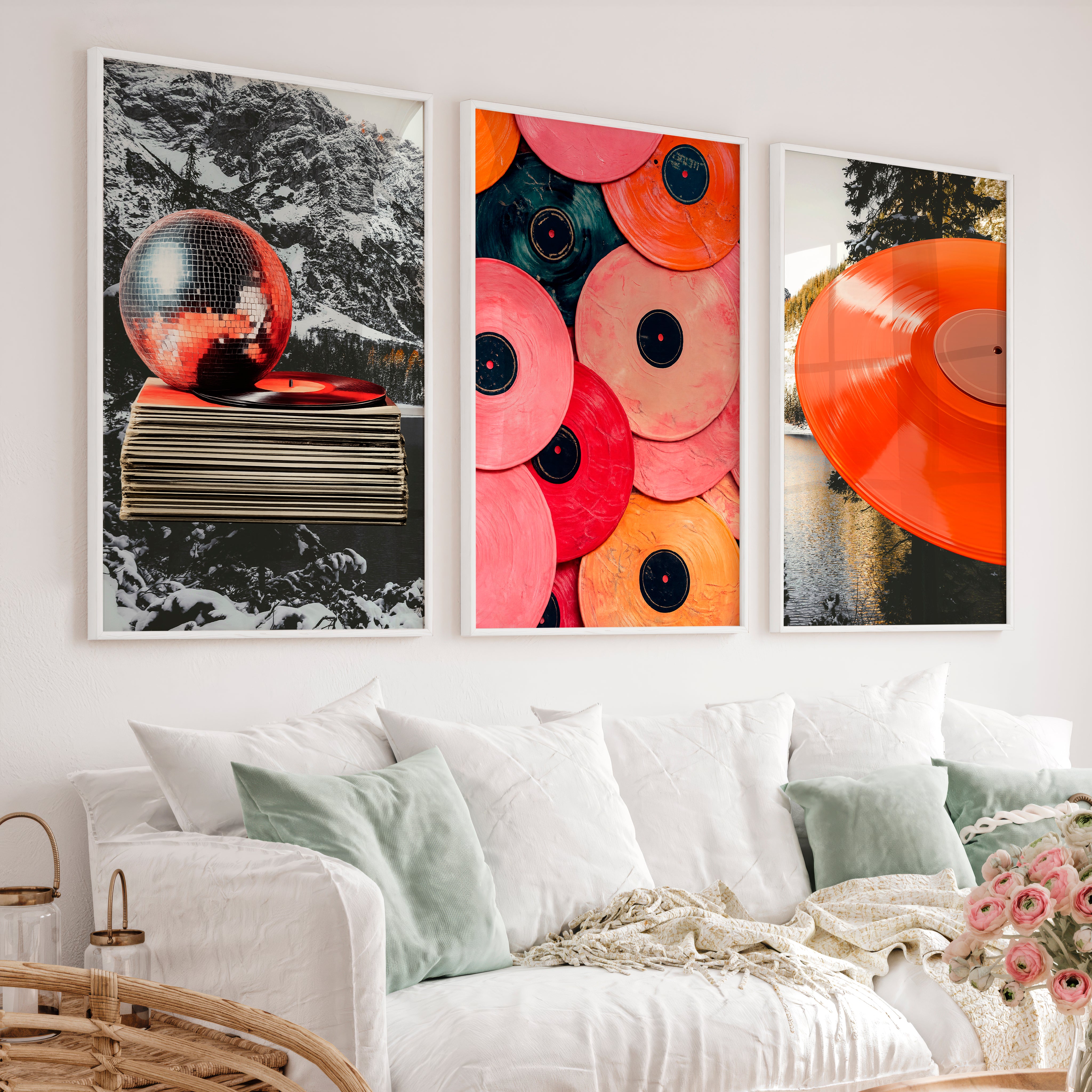 Retro Wall Art Prints with Vinyl Records and Disco Ball - White Framed Poster No Border - Artworksets