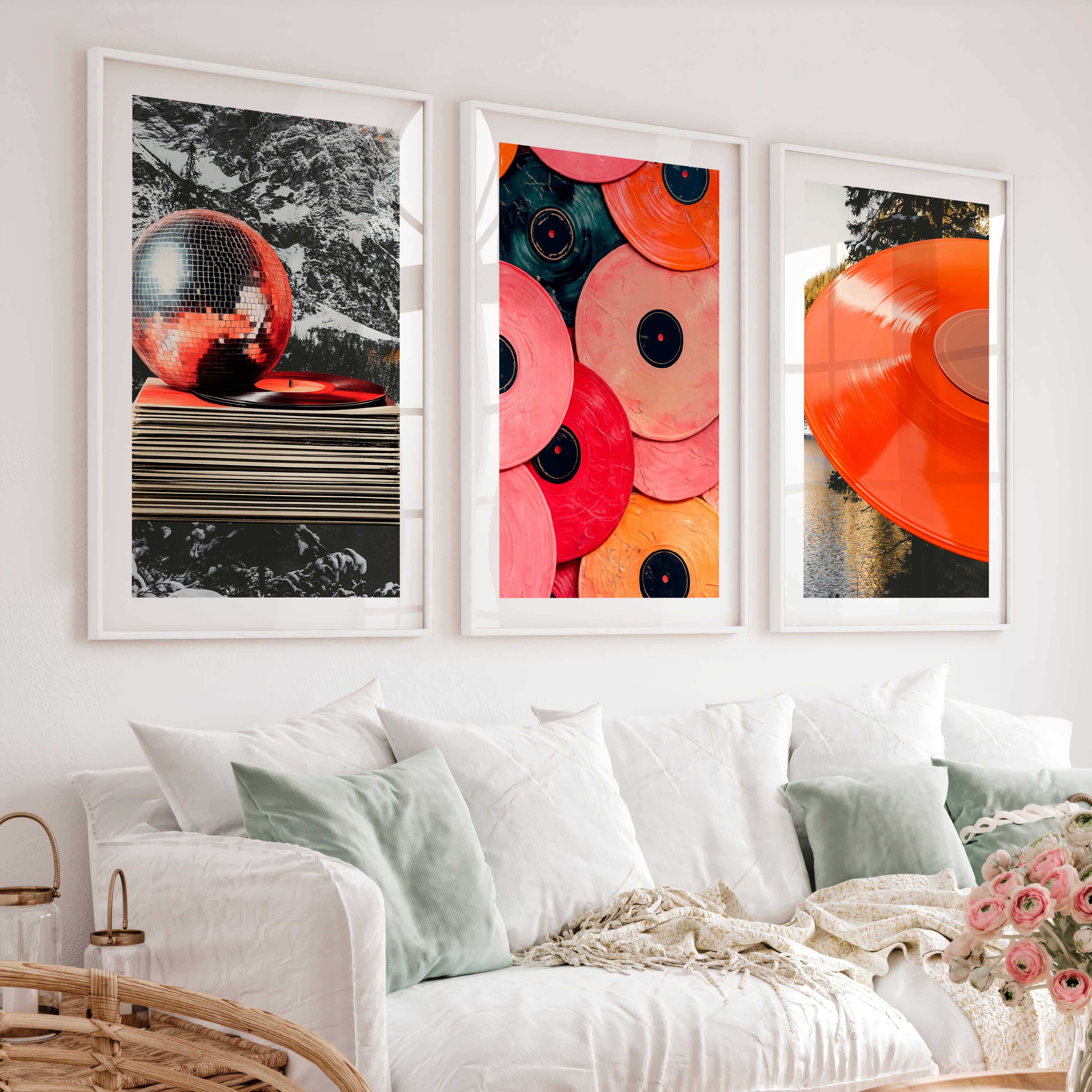 Retro Wall Art Prints with Vinyl Records and Disco Ball - White Framed Poster with White Border - Artworksets