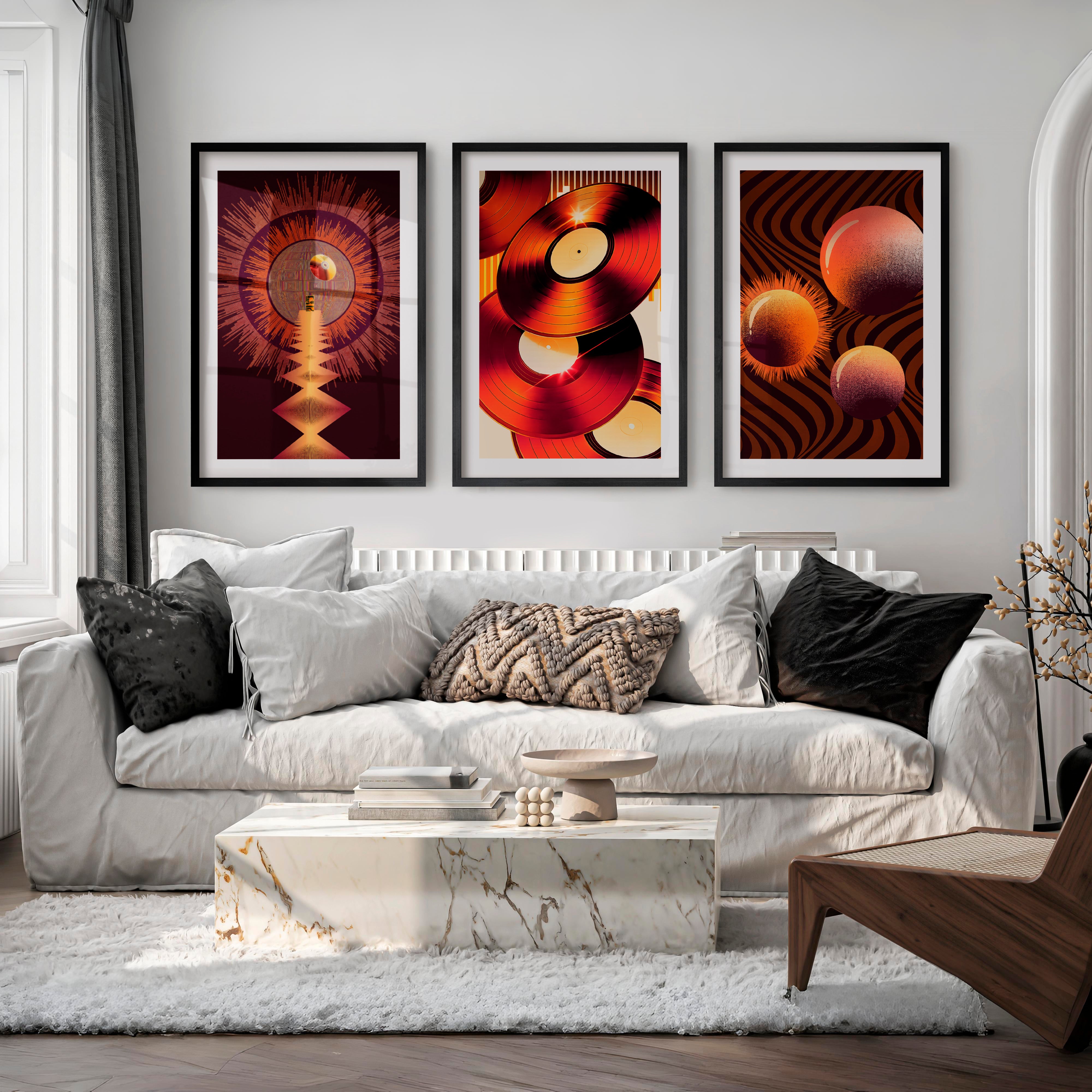 Vinyl Records retro wall art in Amber Tones - Black Framed Poster with White Border - Artworksets