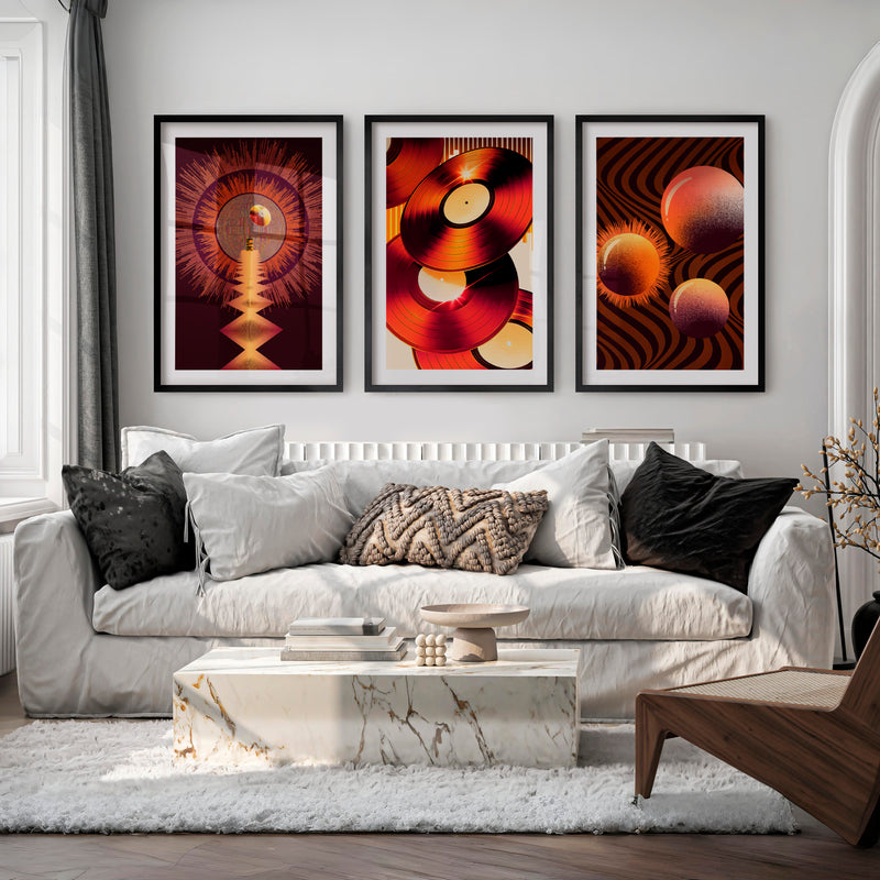 Vinyl Records retro wall art in Amber Tones - Black Framed Poster with White Border - Artworksets