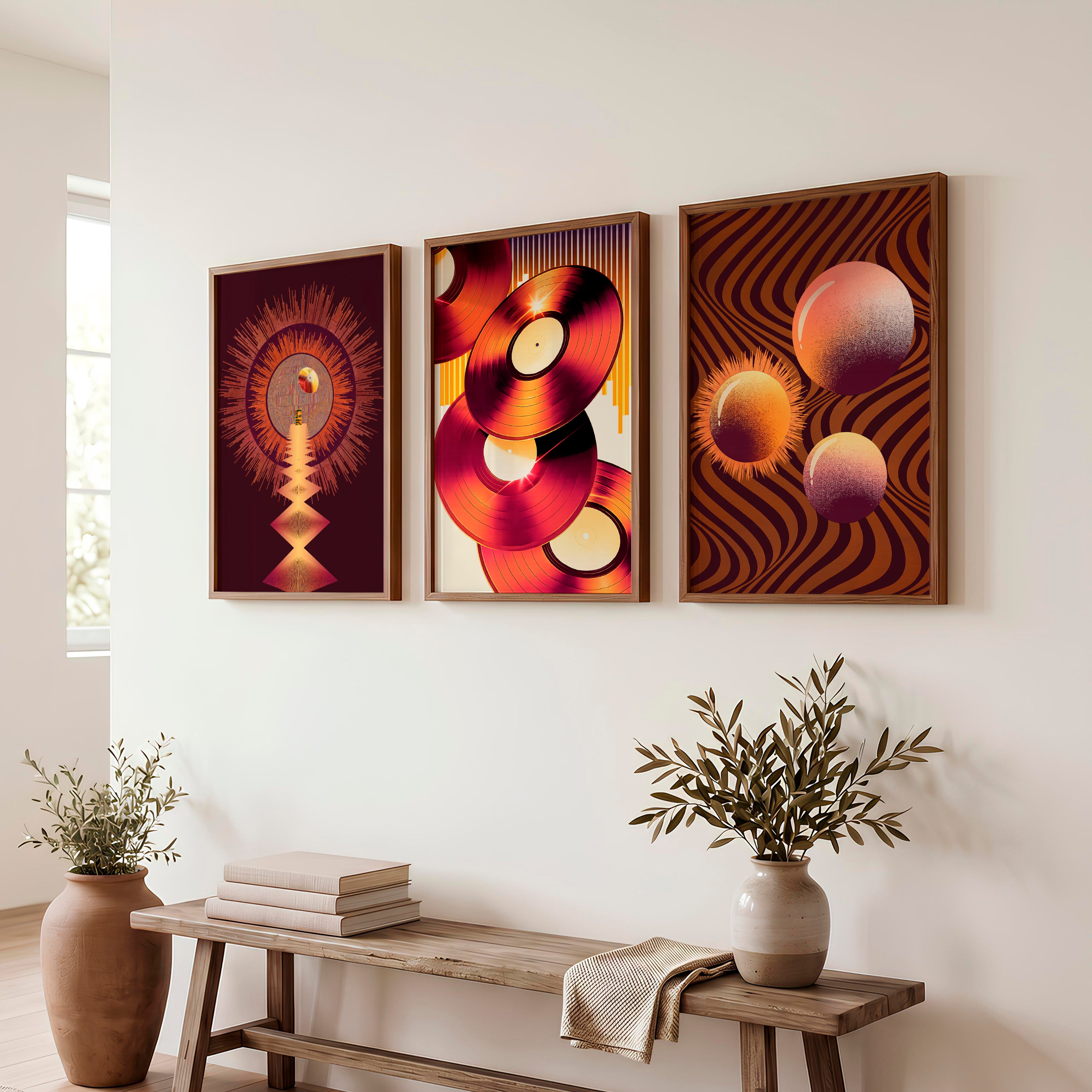 Vinyl Records retro wall art in Amber Tones - Dark Brown Framed Poster No Border - Artworksets