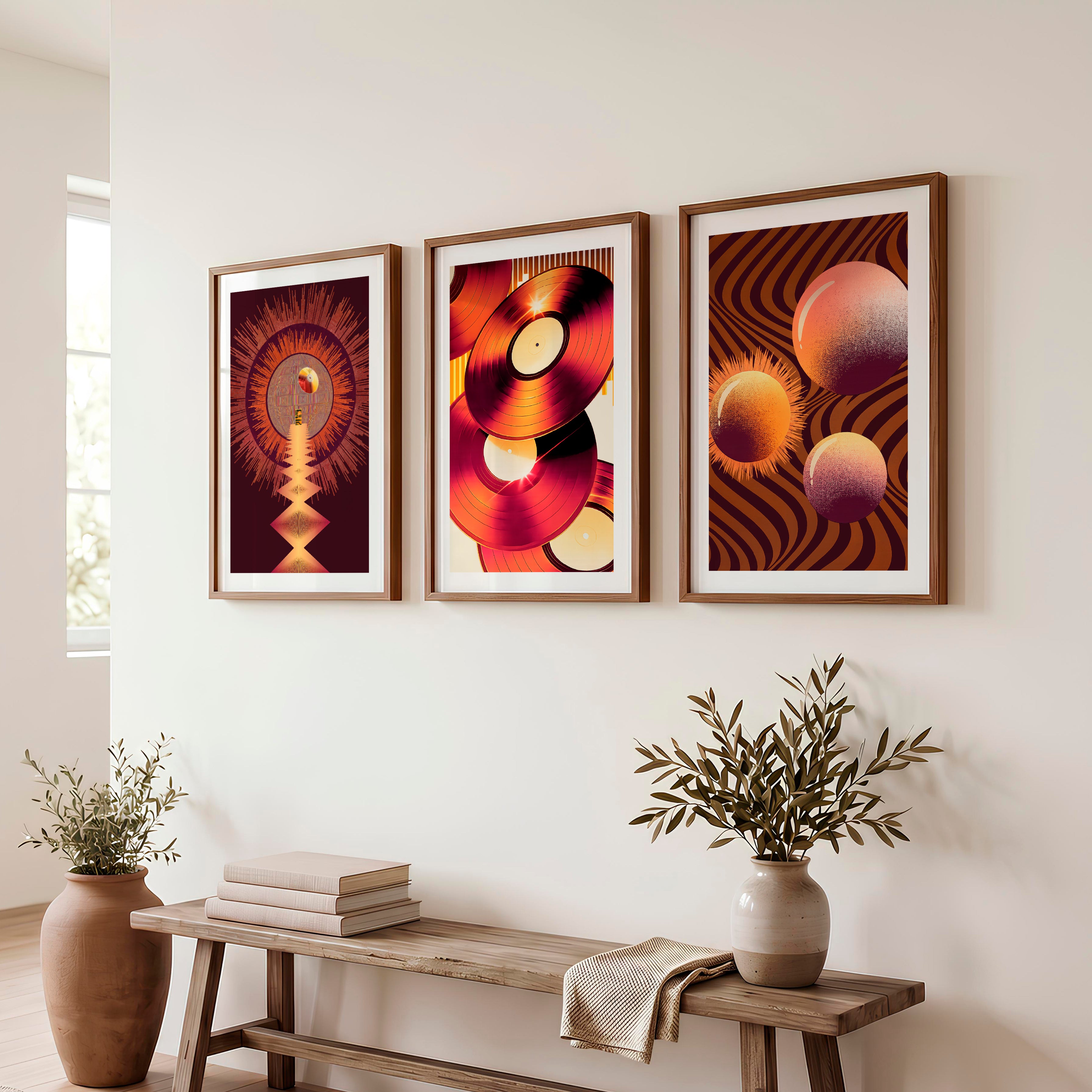Vinyl Records retro wall art in Amber Tones - Dark Brown Framed Poster with White Border - Artworksets