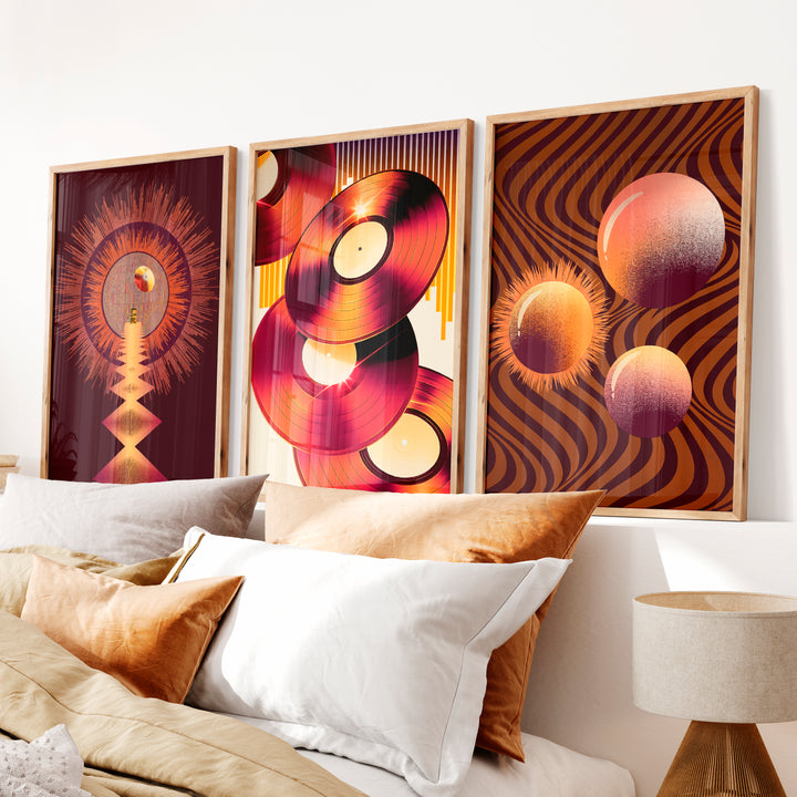 Vinyl Records retro wall art in Amber Tones - Natural Wood Framed Poster No Border - Artworksets