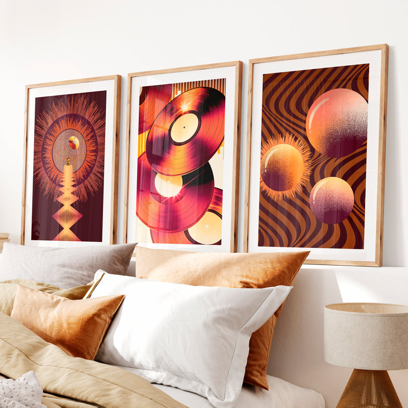 Vinyl Records retro wall art in Amber Tones- Natural Wood Framed Poster with White Border - Artworksets