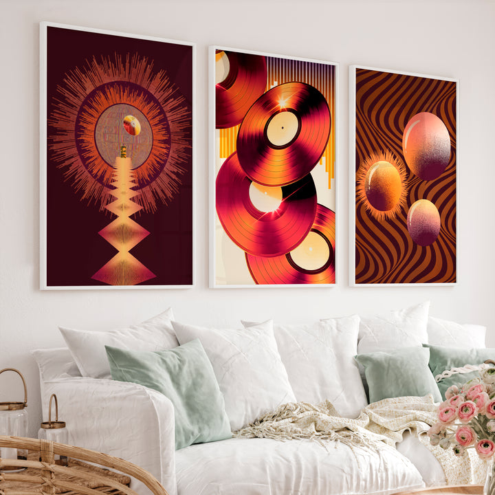 Vinyl Records retro wall art in Amber Tones - White Framed Poster No Border - Artworksets